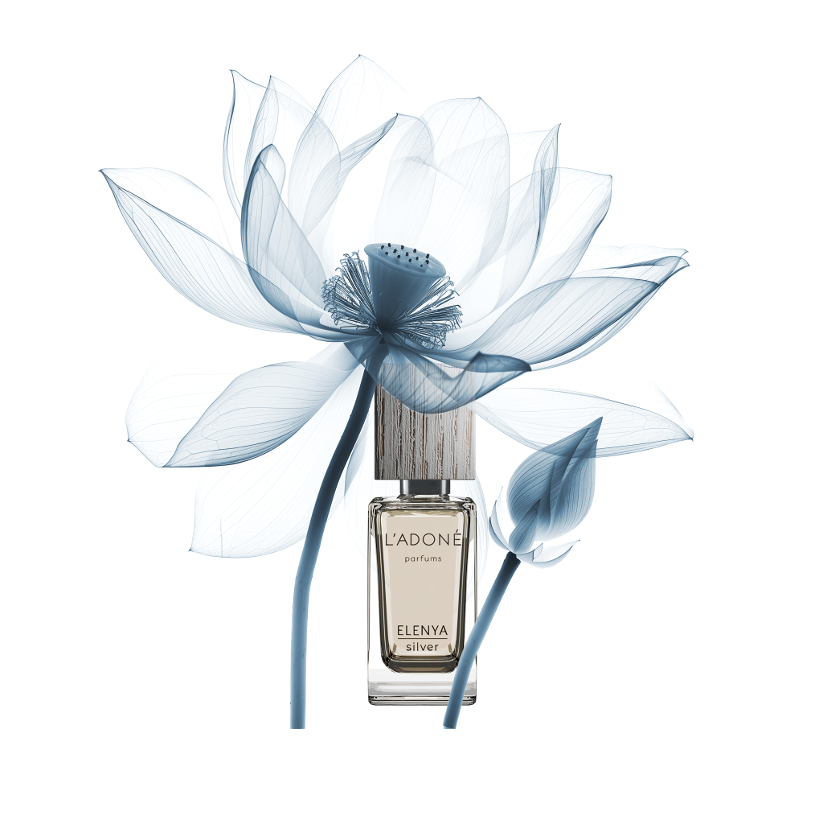 Luxuriöser L'ADONÉ ELENYA silver Flakon in einer High-End-Inszenierung mit KI-generierten X-Ray Blüten von imagespy.