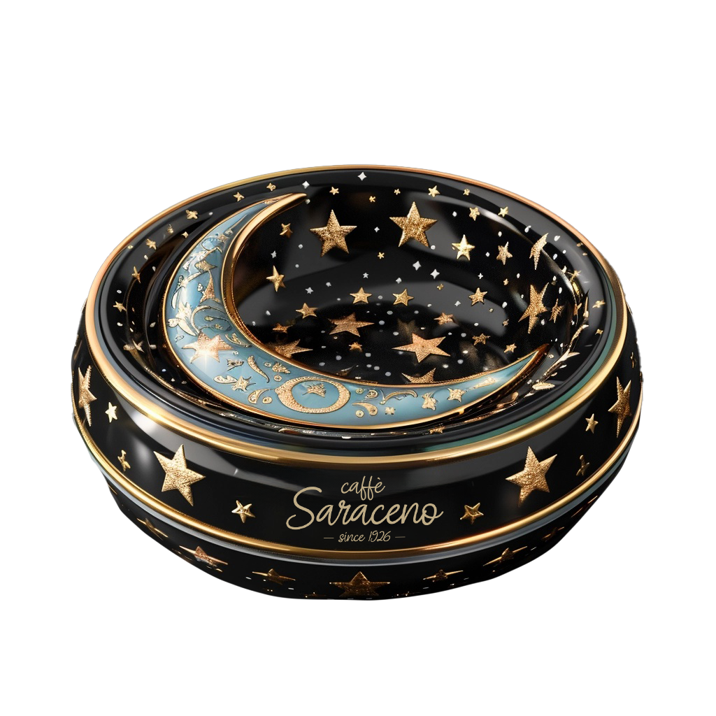 KI-generierter schwarzer Aschenbecher des Caffè Saraceno mit goldenen Stern- und Halbmond-Elementen, erstellt von imagespy mit Nani.