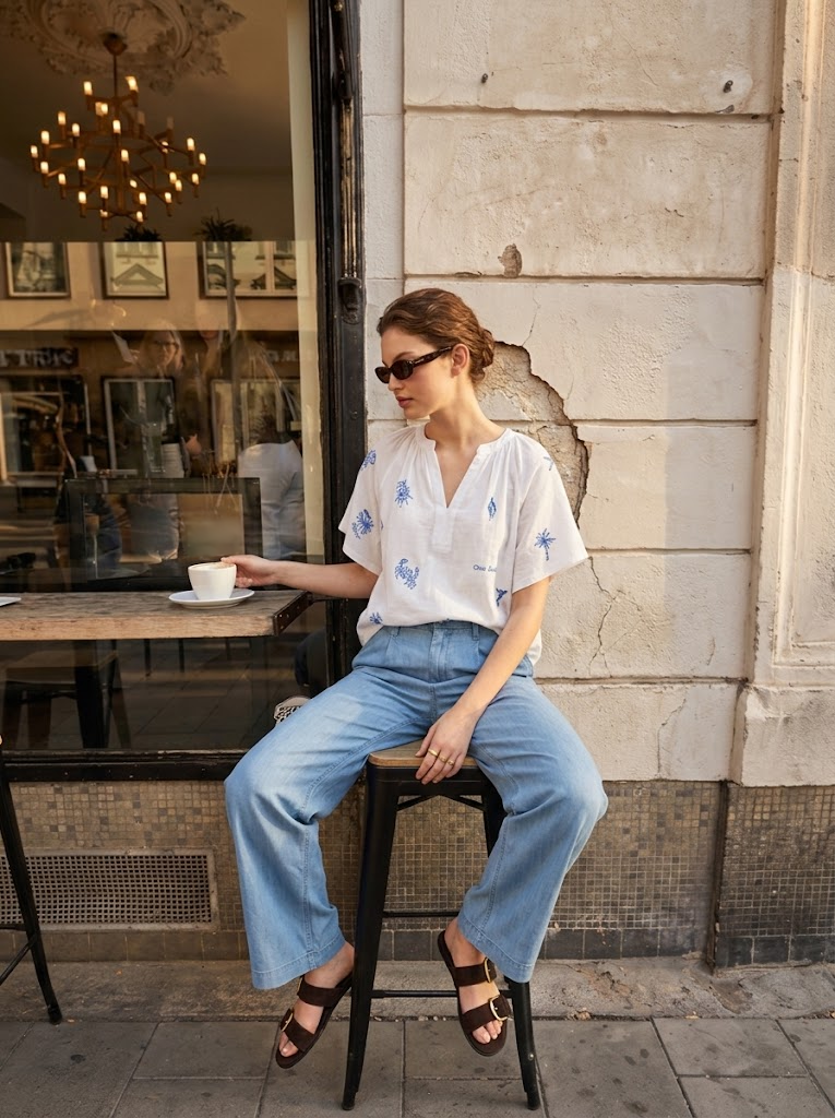 Von imagespy per KI erstelltes AI Try-On Experience Asset: Model in weißer Bestickter Bluse und Jeans im Café-Umfeld zur nahtlosen Visualisierung von Alltags-Stylings.