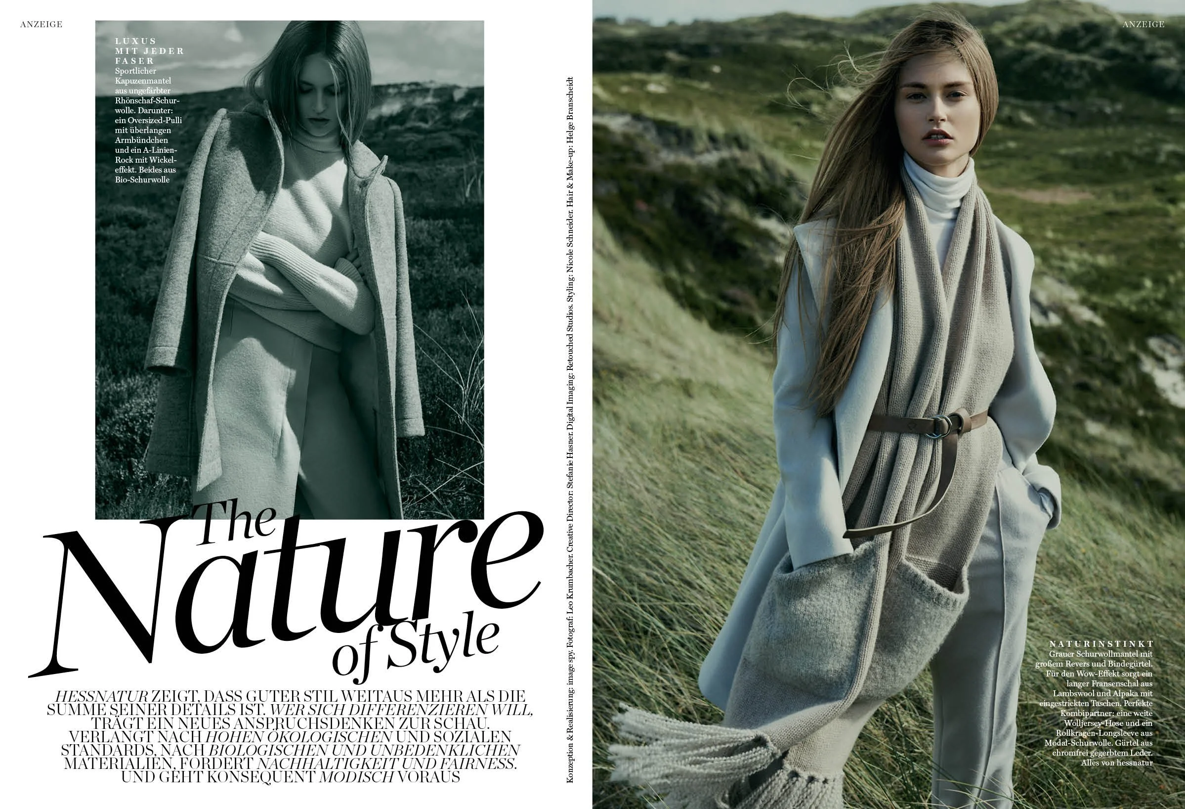 Anzeigen-Doppelseite Hessnatur x ELLE: links BW-Motiv eines Models in Wolloutfit auf Bergwiese, rechts Farbaufnahme mit Model im Look mit großem Fransenschal; umgesetzt von imagespy.