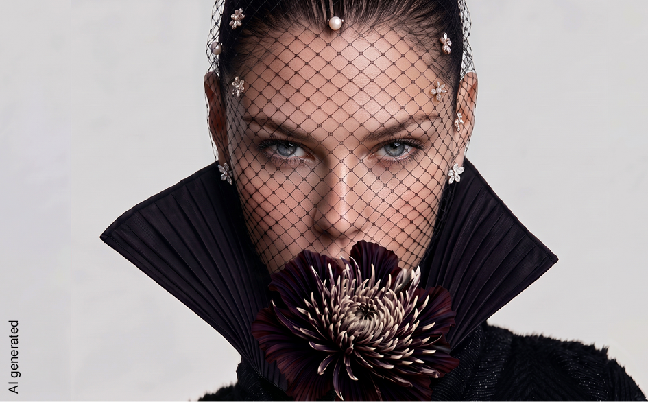 Porträt einer Frau mit blauen Augen, die ein schwarzes, hochgestelltes Kleid trägt, einen schwarzen Netzschleier, Haarschmuck, und eine große dunkle Blume vor dem Mund hält.