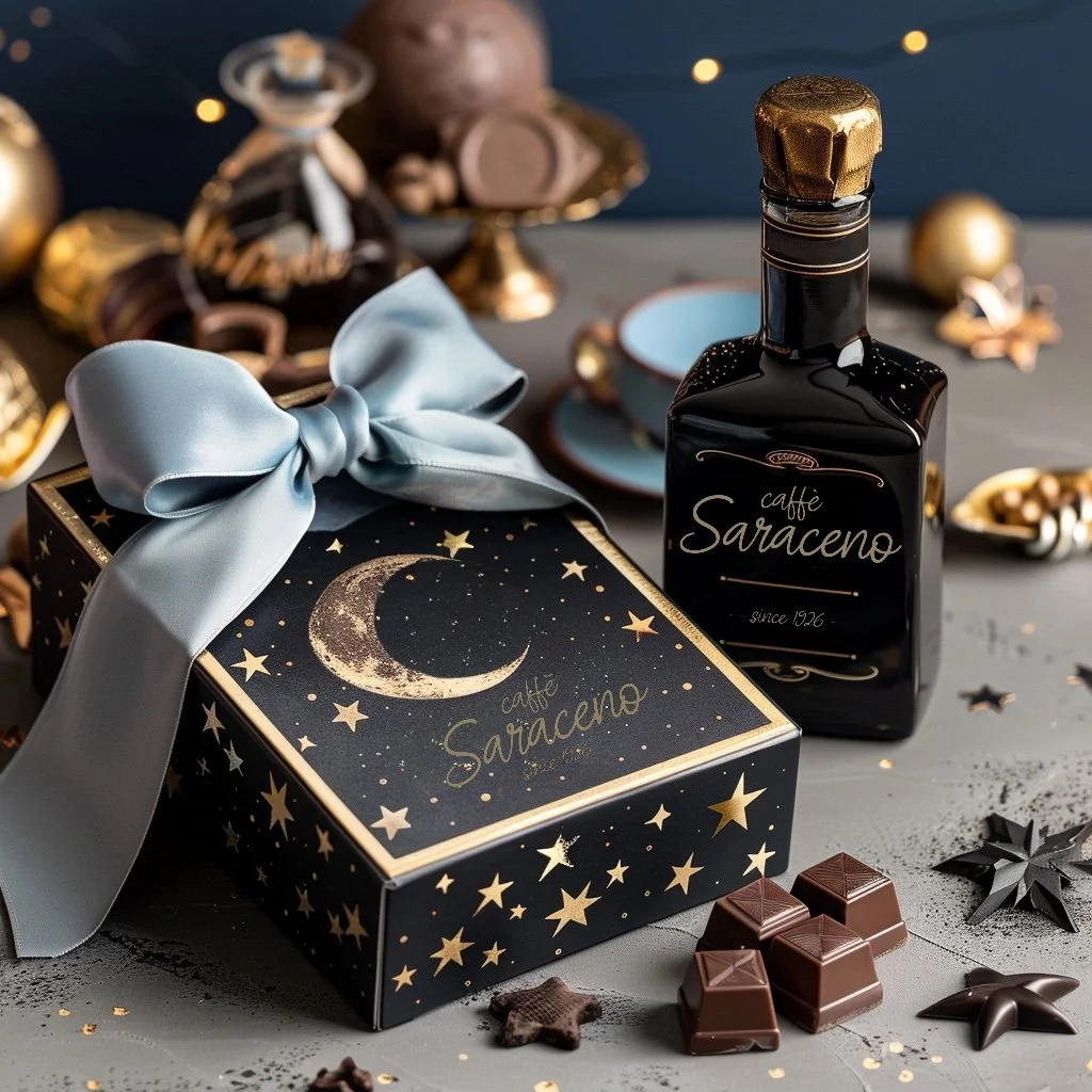 KI-generiertes Merchandise-Visual: Flasche Schokoladenlikör mit Verpackung mit goldenem Halbmond- und Sternmotiv sowie blauer Schleife für das Caffè Saraceno, erstellt von imagespy.