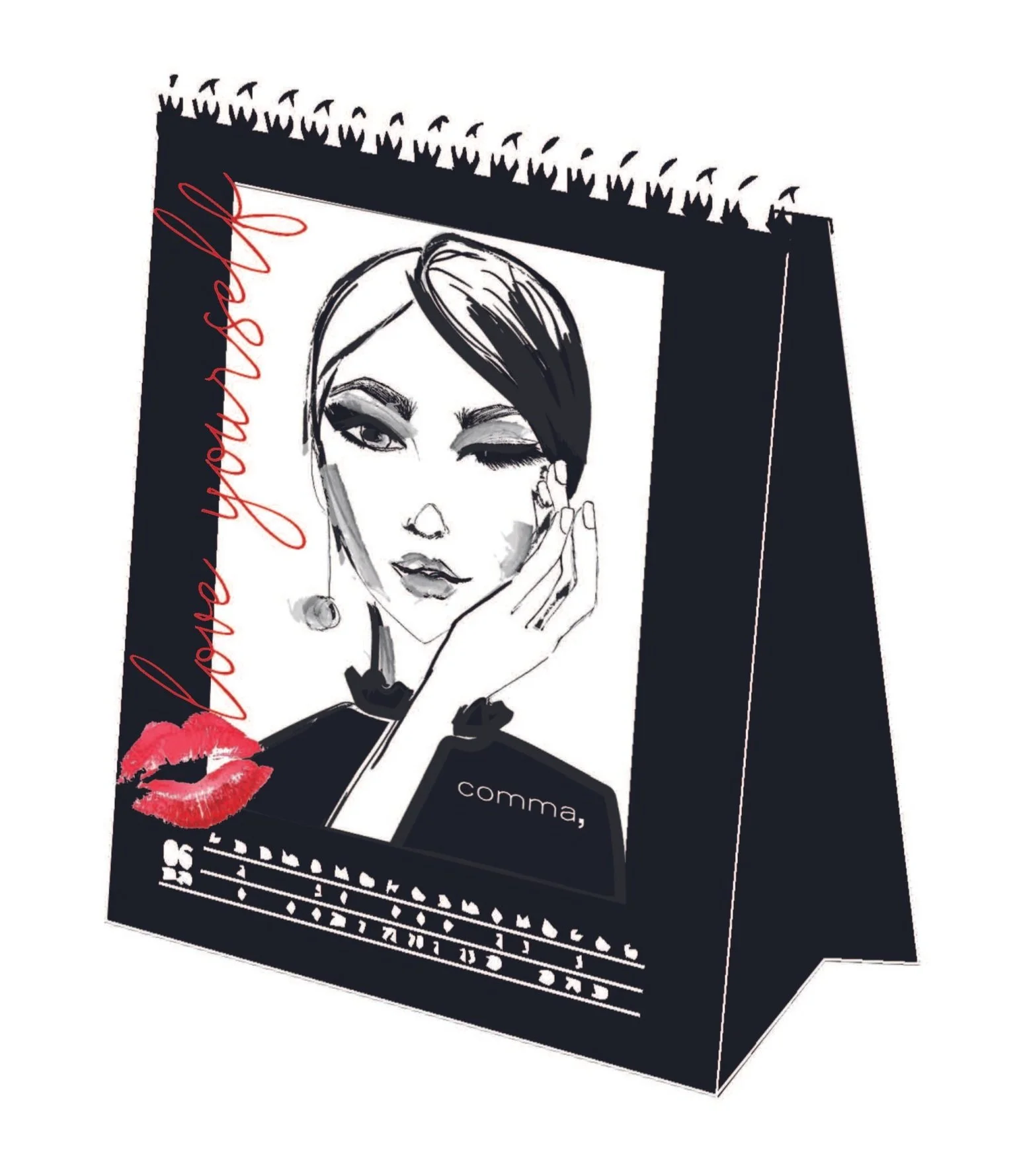 Schwarzer comma Tischkalender mit exklusiver „Love Yourself“ Mode-Illustration von imagespy und rotem Kussmund-Akzent.