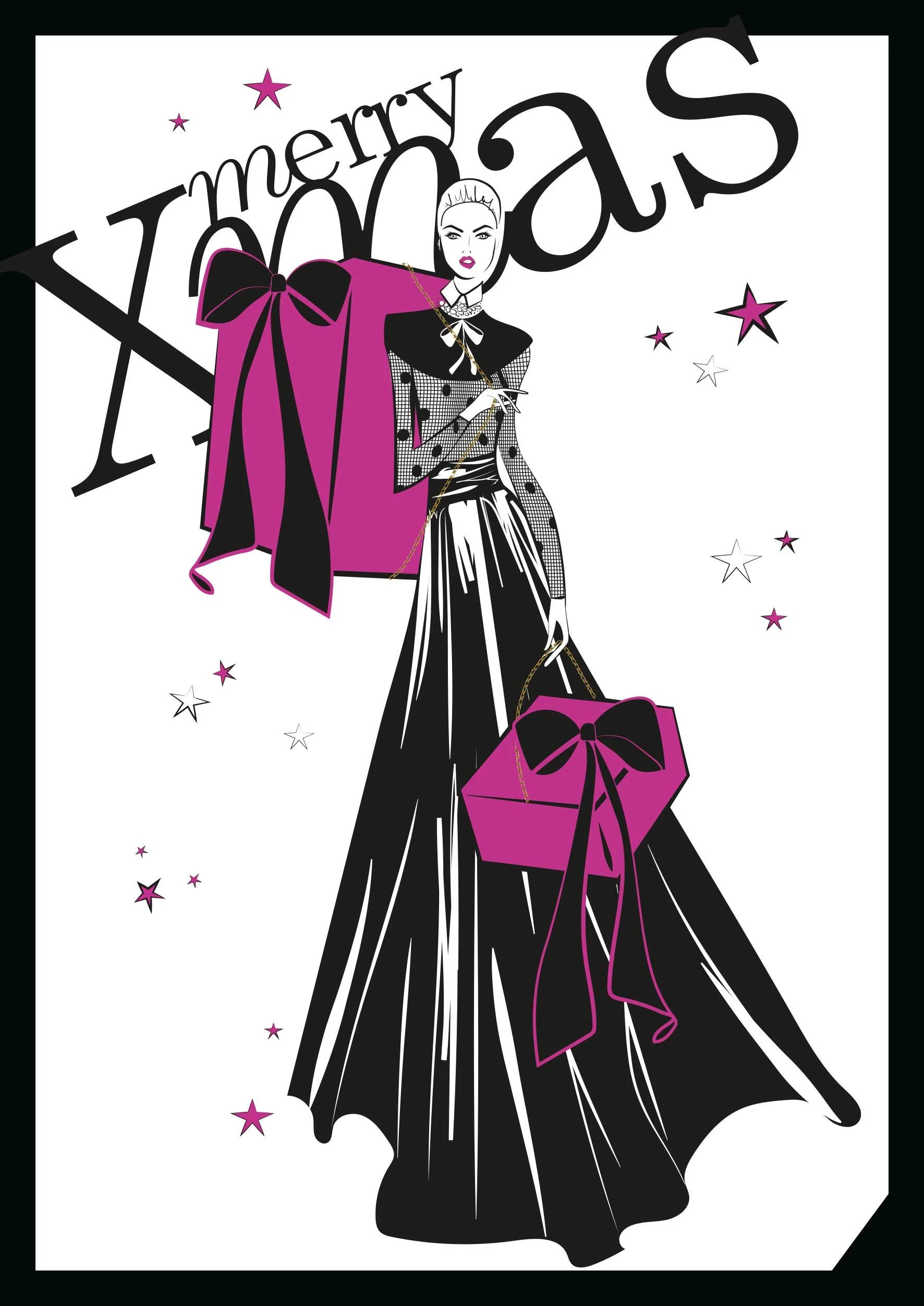 imagespy Design: Luxuriöses Layout der Weihnachtskarte 2022 mit einer Fashion-Illustration in Schwarz und Magenta, die eine Frau mit eleganten Präsenten und Sternen-Dekor zeigt.