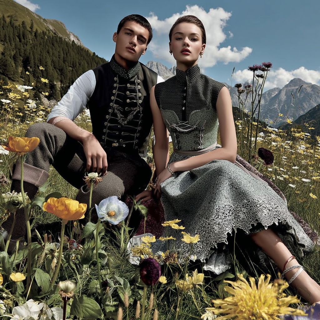 Trachten-Paar in alpiner Kulisse, generiert aus Product Shots mit dem AI-Tool Nani von imagespy für eine „Timeless & Iconic“ Kampagne.