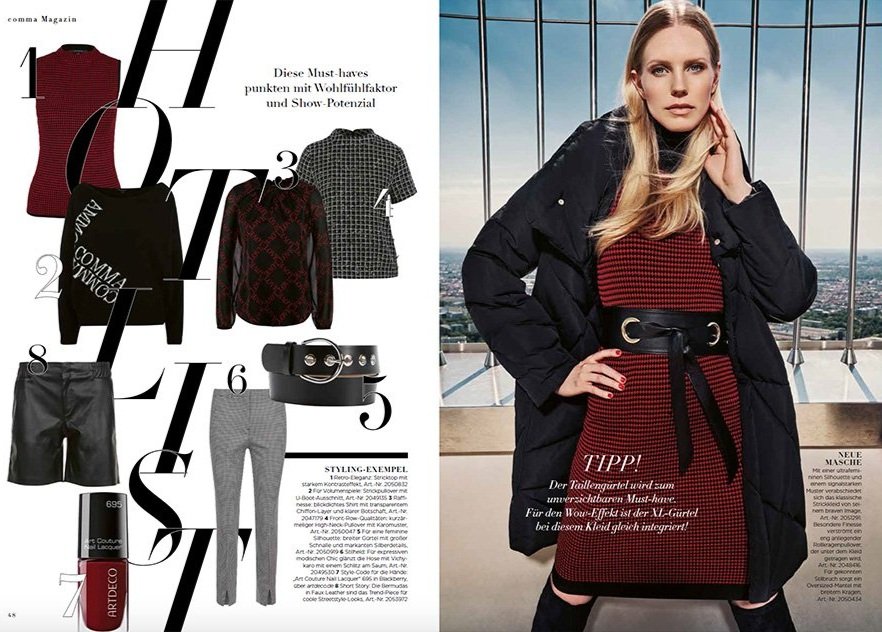 Doppelseite des comma c-Magazins AW2020: Outfit-Hotlist links und People-Motiv rechts, fotografiert von imagespy.