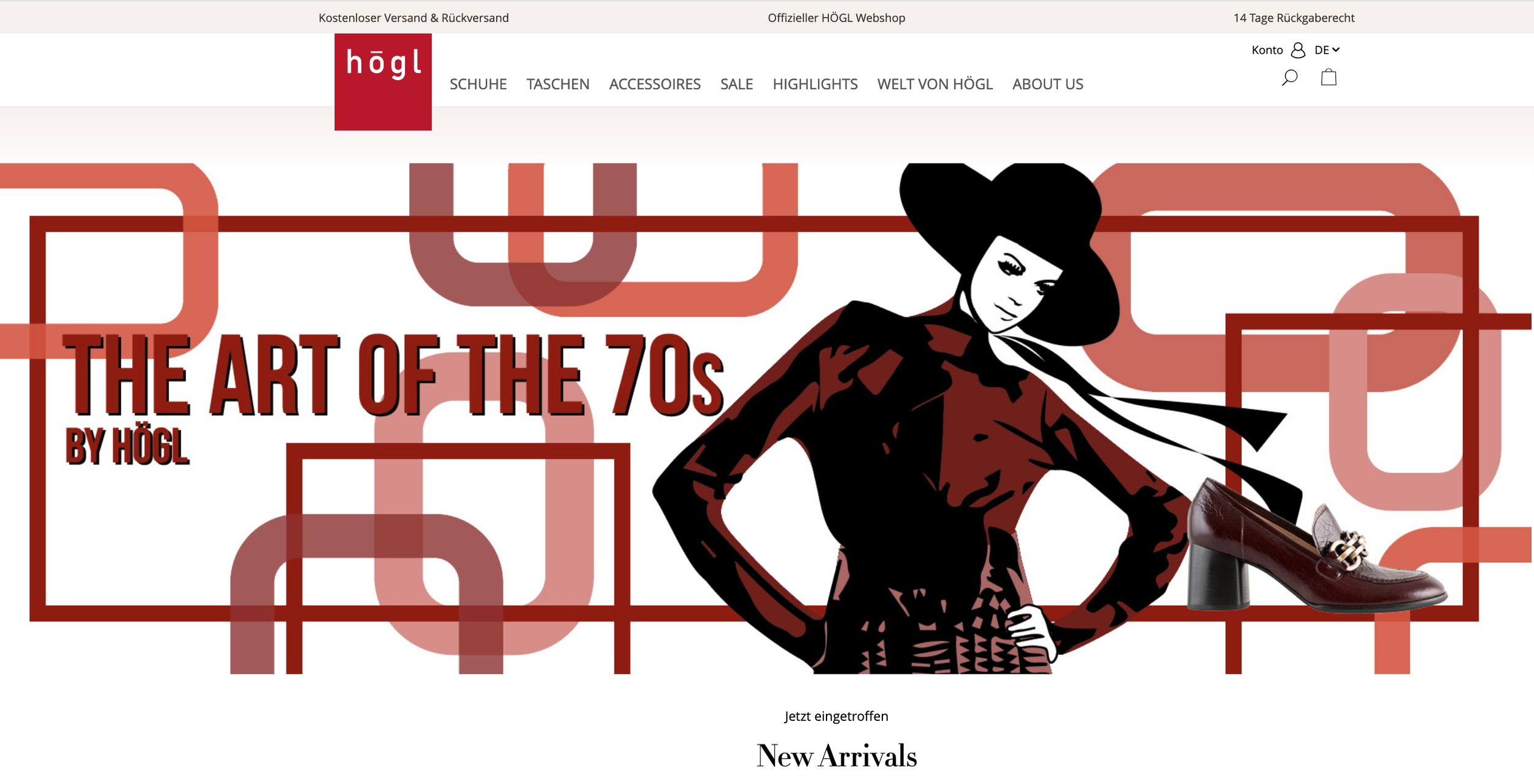 Screenshot des Högl Webshops zur „The Art of the 70s“ Kollektion mit Retro-Grafik und einem bordeauxroten Loafer.