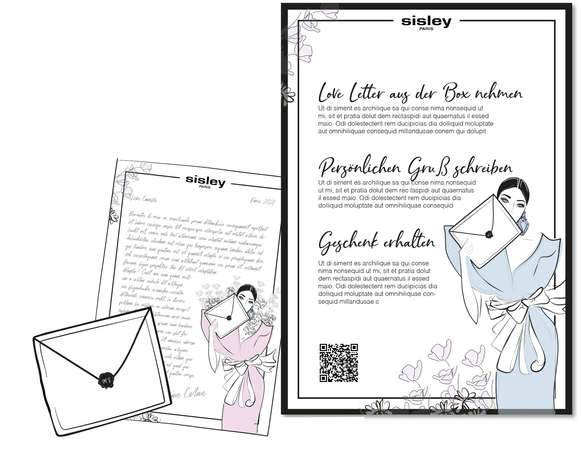 imagespy Design: Anleitung für die Maison Sisley Loveletter-Aktion mit grafischen Schritten und einer eleganten Fashion-Illustration.