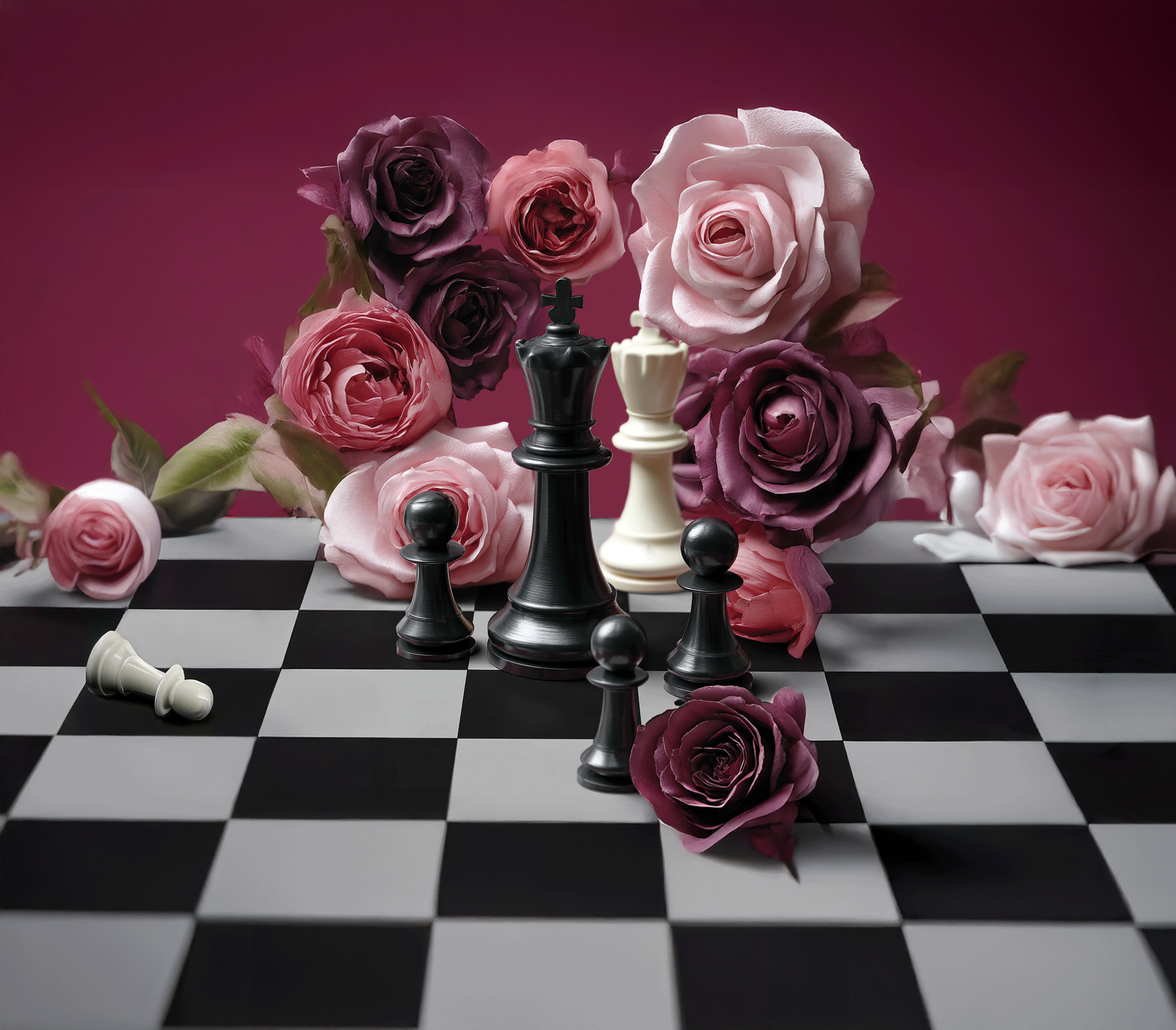 Von imagespy mit dem KI-Tool nani erstelltes Beauty-Stillleben: Luxus-Kosmetikprodukte wie Lippenstift und Mascara auf einem Schachbrett mit Rosen im Hintergrund.