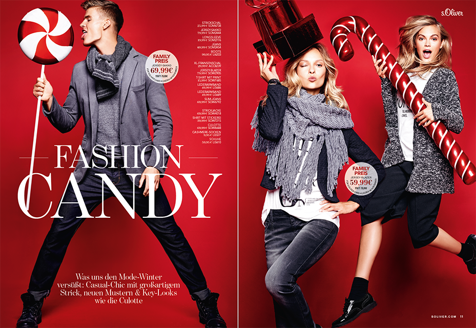 Doppelseite des s.Oliver Magazin Christmas Issue: Fashion Candy mit Casual-Chic-Wintermode in Strick, Mustern und Culotte; zwei Female Models und ein Male Model halten überdimensionale rot-weiße Lutscher; Layout von imagespy.