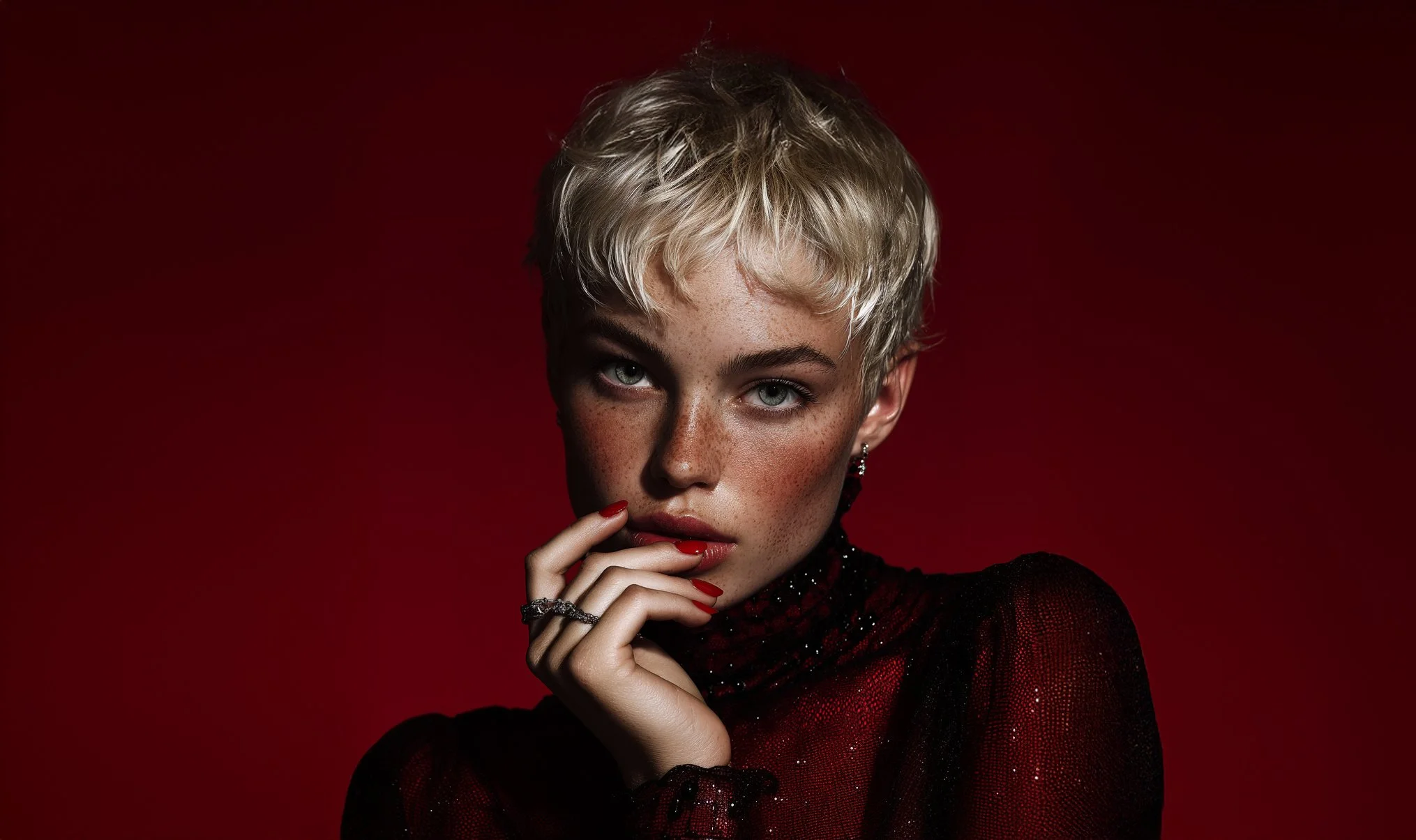 KI-generiertes Beauty-Visual von imagespy mit Nani: hyperrealistisches Porträt im Red-Trio-Look mit roten Lippen und rot lackierten Nägeln – Teil einer 360°-Kampagne für moderneProduktdesign und Markenstorytelling.