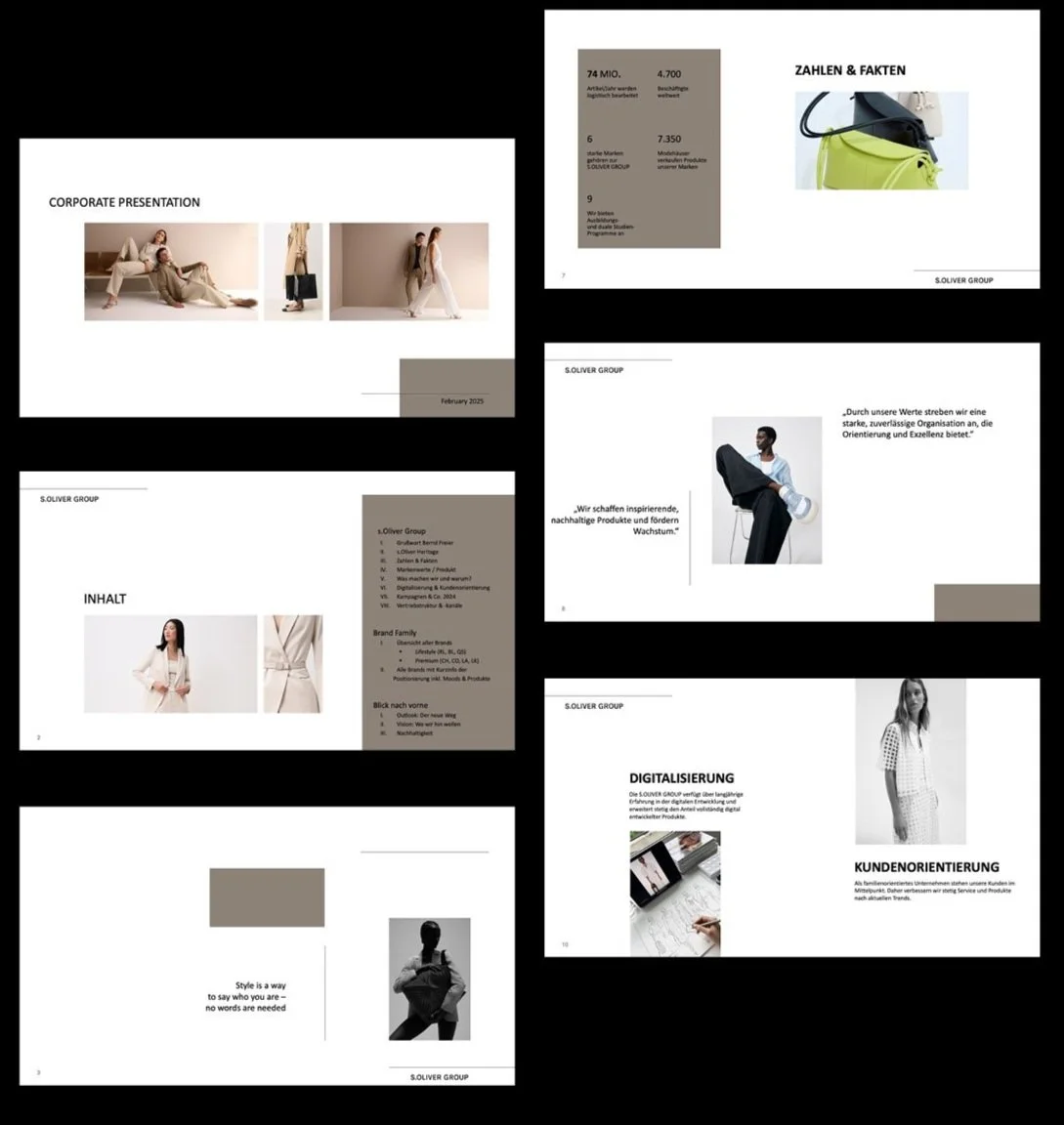 Übersicht von sechs Charts der s.Oliver Group Corporate Presentation 2025 in einem klar strukturierten, modernen und minimalistischen Layout, gestaltet von imagespy.