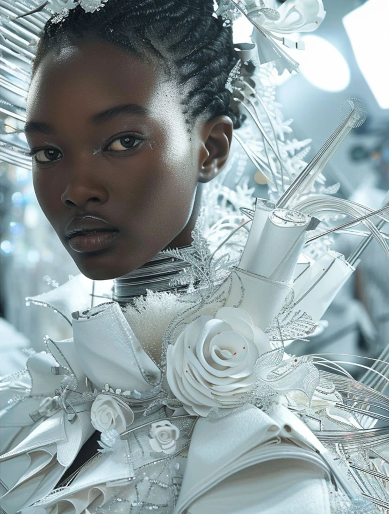 Futuristisches KI-Porträt eines digitalen Models im weißen Blüten-Kristalloutfit, gestaltet von imagespy mit Nani.