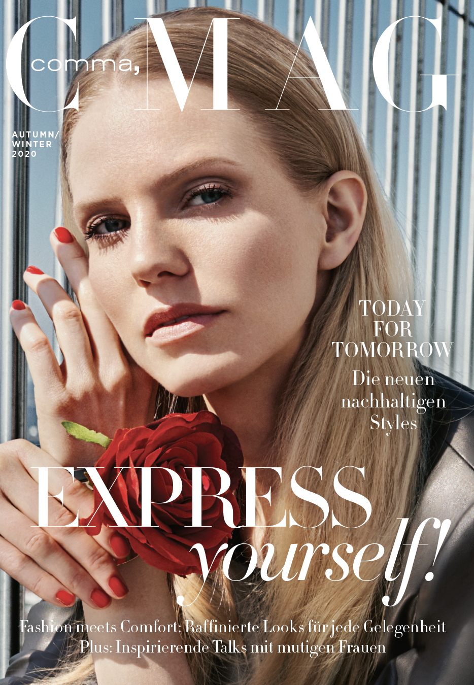 Cover des comma c-Magazins Fall/Winter 2020 mit modernem Fashion-Look mit roter Rose unter dem Motto Express Yourself, fotografiert von imagespy.