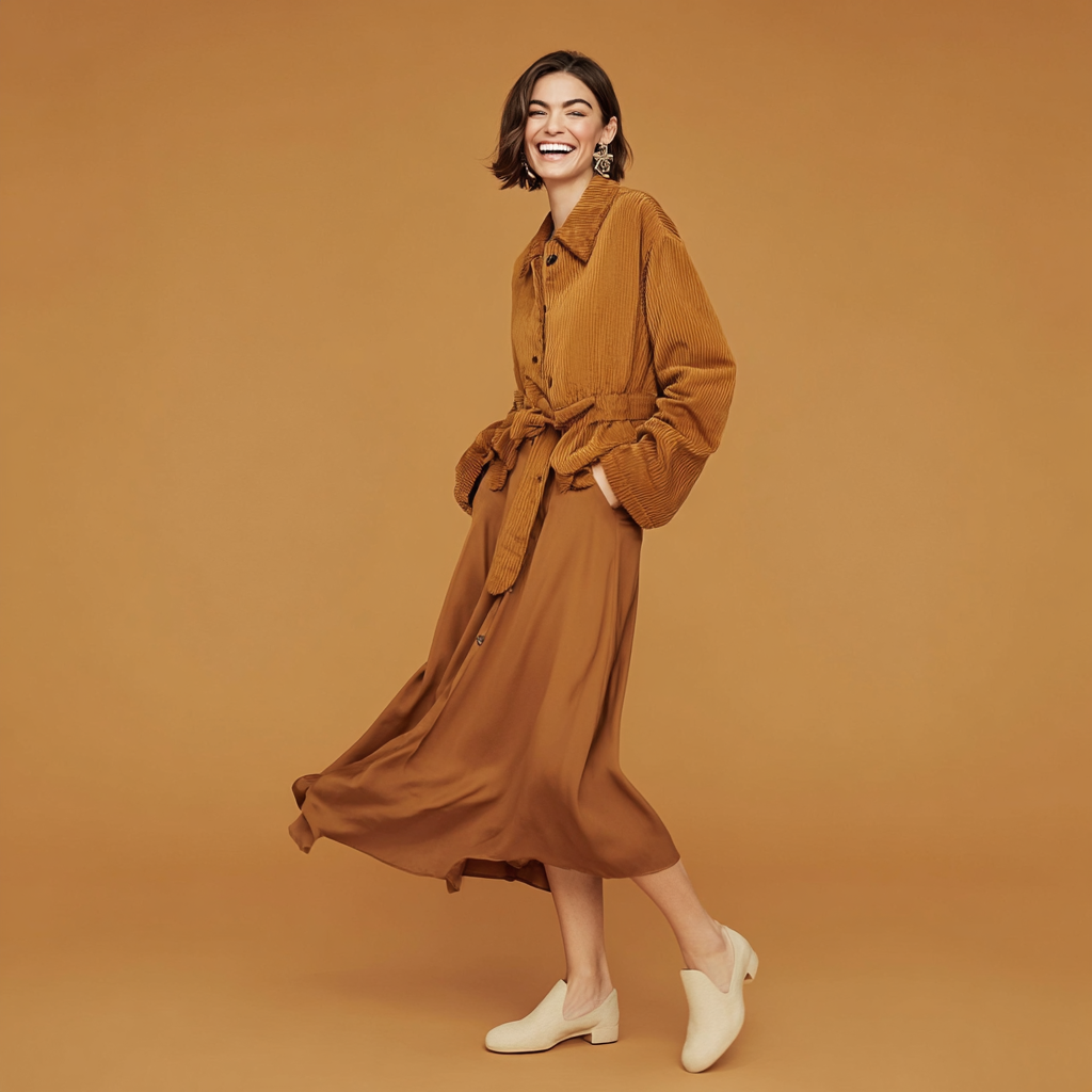 Authentisches Fashion-Kampagnenmotiv von imagespy: Ein lachendes Model in herbstlicher Cord-Mode, intelligent und markentreu umgesetzt mit dem KI-Tool Nani.