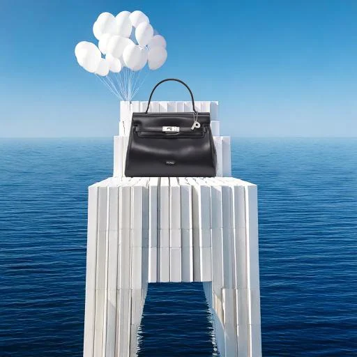 Surreale Produktinszenierung einer schwarzen Handtasche auf einer weißen, geometrischen Skulptur im tiefblauen Meer mit schwebenden weißen Luftballons, erstellt mit dem AI-Tool Nani von imagespy.
