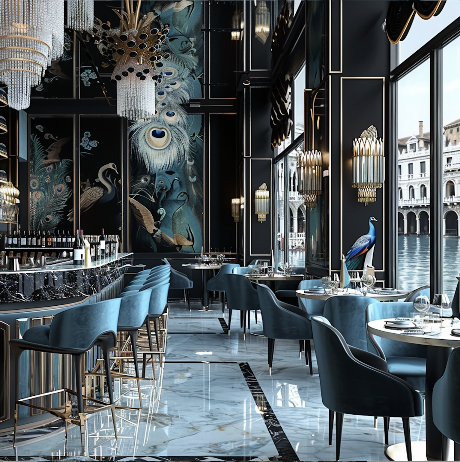 AI-Art-Visual des Innenraums vom Caffè Saraceno, elegant in Blau und Gold, Marmorboden, Pfauenmotiv, moderne Interpretation venezianischer Ästhetik, realisiert von imagespy mit Nani.