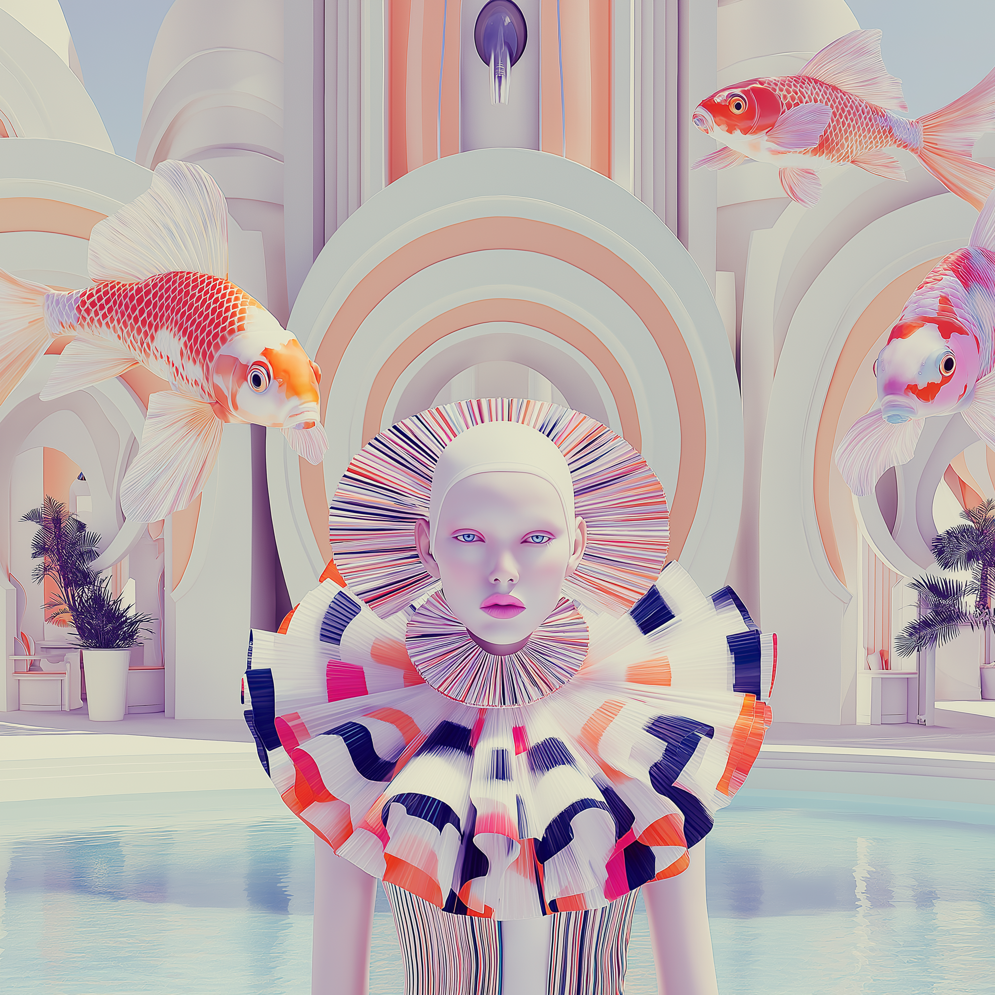 Surreale Modekampagne 2050 von imagespy: Eine Frau in avantgardistischer Kleidung inmitten einer futuristischen Architektur mit schwebenden Koi-Fischen, umgesetzt mit dem KI-Tool Nani.