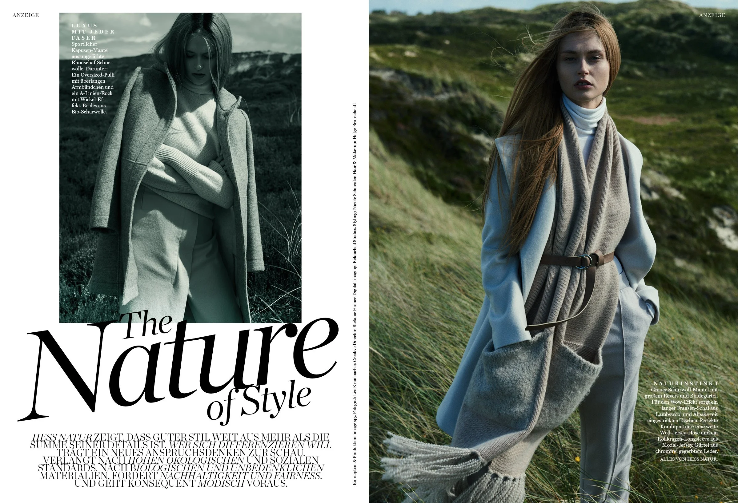 Anzeigen-Doppelseite Hessnatur x ELLE: links BW-Motiv eines Models in Wolloutfit auf Bergwiese, rechts Farbaufnahme mit Model im Look mit großem Fransenschal; umgesetzt von imagespy.