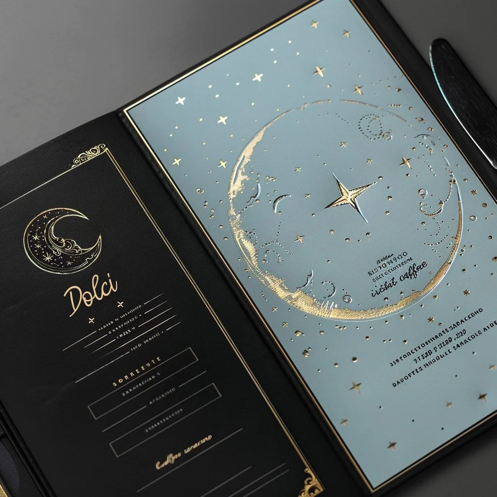 Menü-Seiten „Dolce“ des Caffè Saraceno mit goldenem Halbmond und Sternen auf schwarz-blauem Hintergrund, Konzept von imagespy.