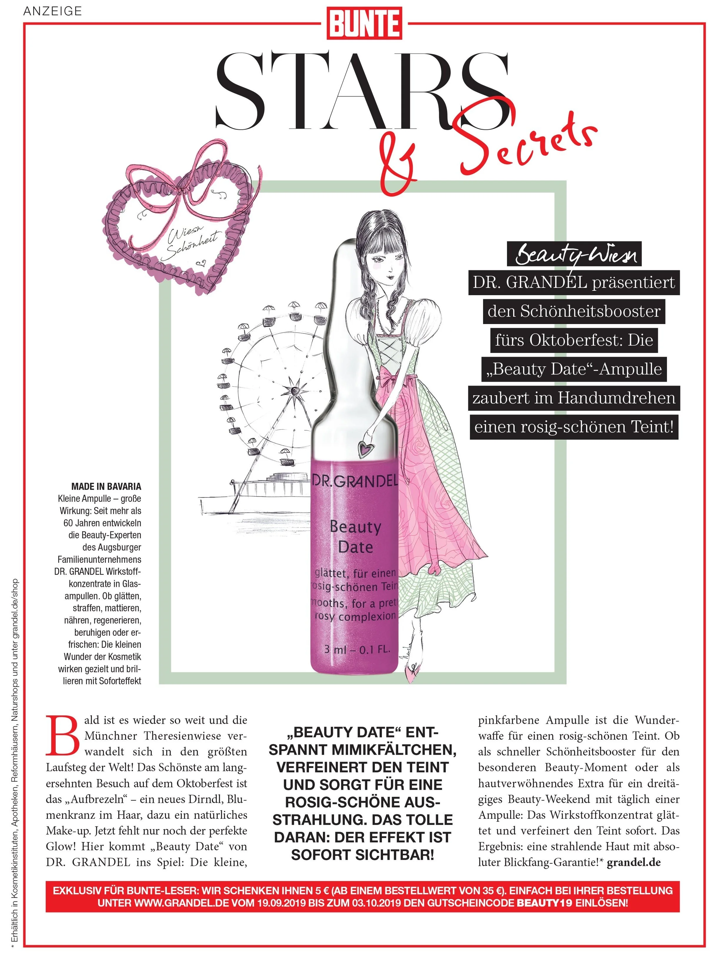 Anzeigenlayout Stars and Secrets von imagespy für DR. GRANDEL in der BUNTE: Illustration einer Beauty-Ampulle mit Oktoberfest-Motiv für einen rosig-schönen Teint.