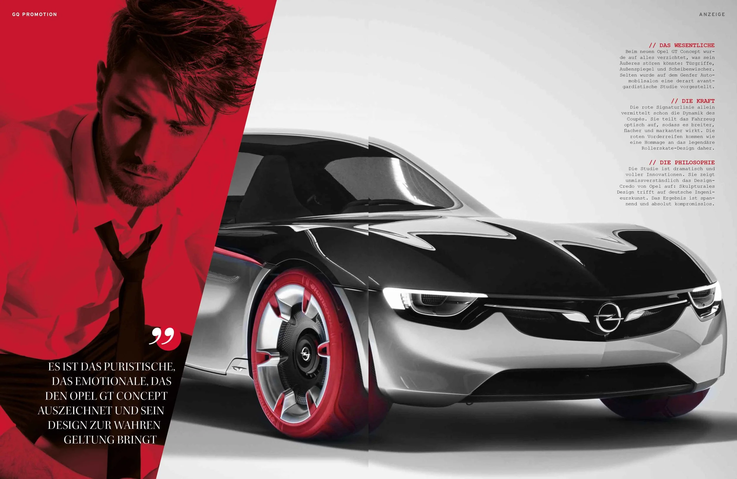 imagespy Design: Editorial-Doppelseite mit dem Opel GT Concept, der einen auffälligen roten Reifen als Design-Highlight zeigt, kombiniert mit einem stimmungsvollen Männerporträt unter rotem Licht.