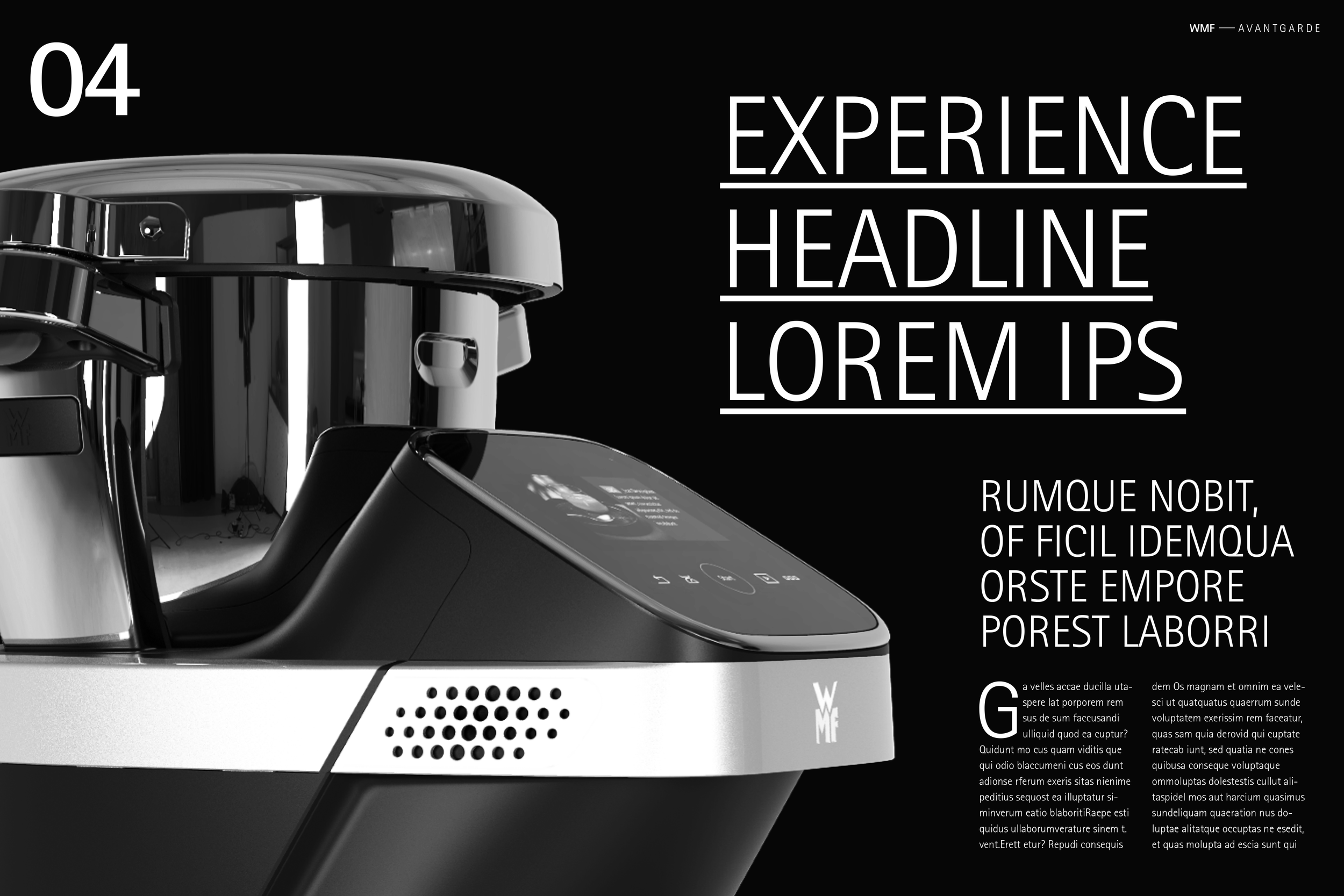 Detailansicht des WMF Avantgarde Cooking Processors von imagespy in einem eleganten Magazin-Layout mit Fokus auf Display und Edelstahl-Design.