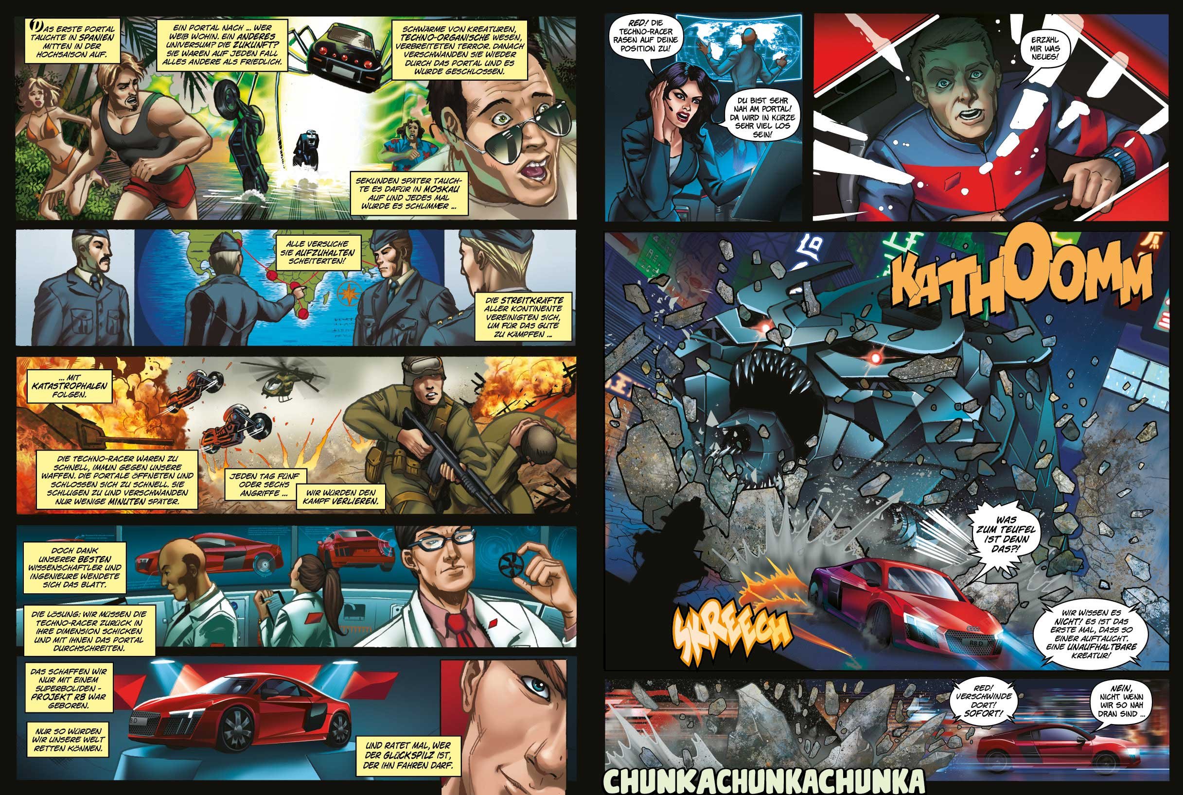 imagespy Projekt: Actionreiche Comic-Panels im Marvel-Stil, die die Sci-Fi-Hintergrundgeschichte und eine dramatische Verfolgungsjagd des Audi R8 gegen ein Techno-Monster zeigen.