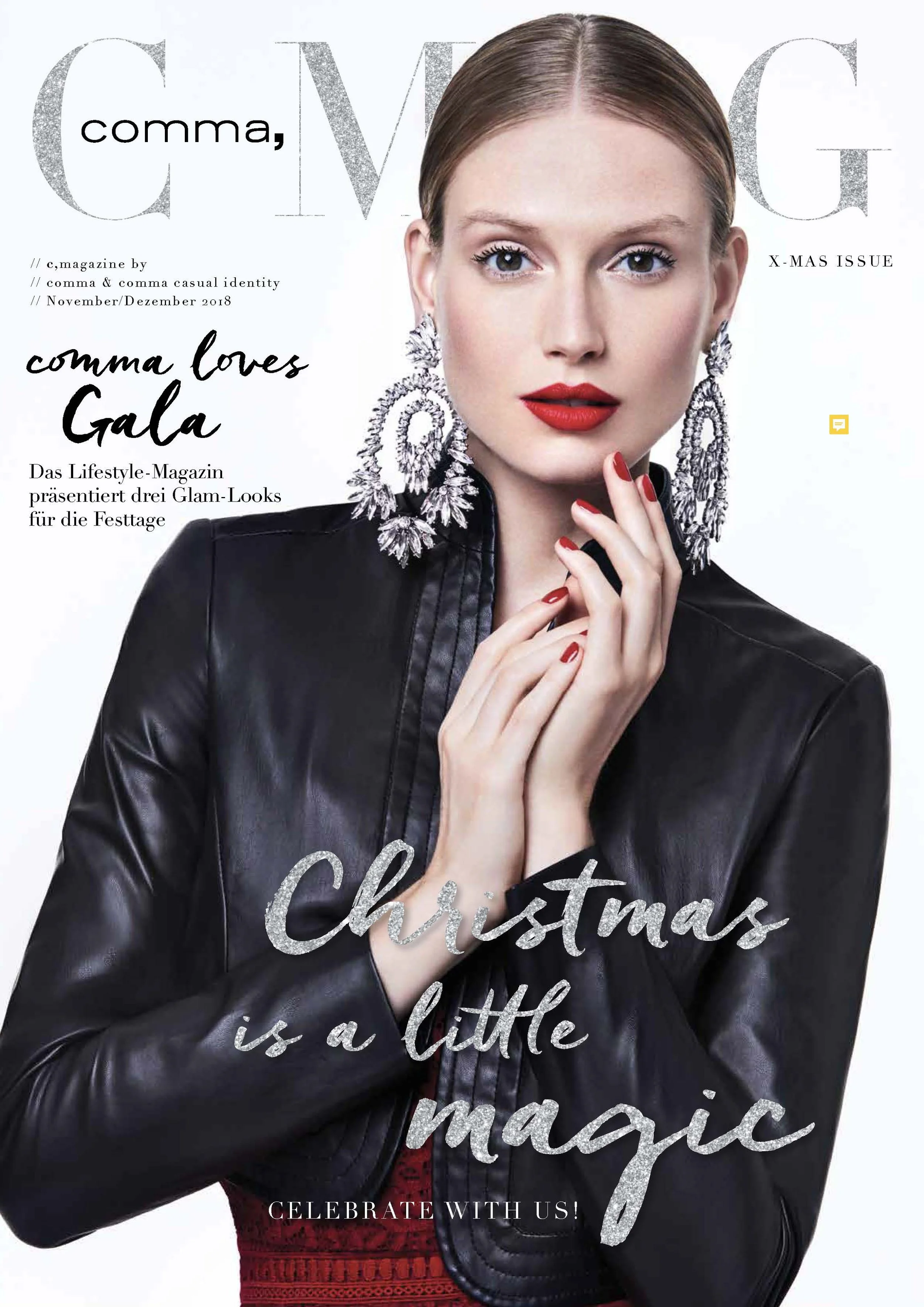 Cover der comma c-Mag X-Mas Issue: Model mit Lederbolero und Kristallohrringen, umgesetzt von imagespy.