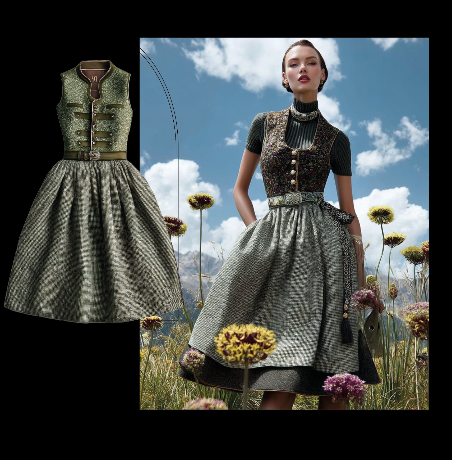 Vergleich eines Dirndl-Product-Shots mit einem KI-generierten Kampagnenmotiv in den Alpen, erstellt mit dem AI-Tool Nani von imagespy.