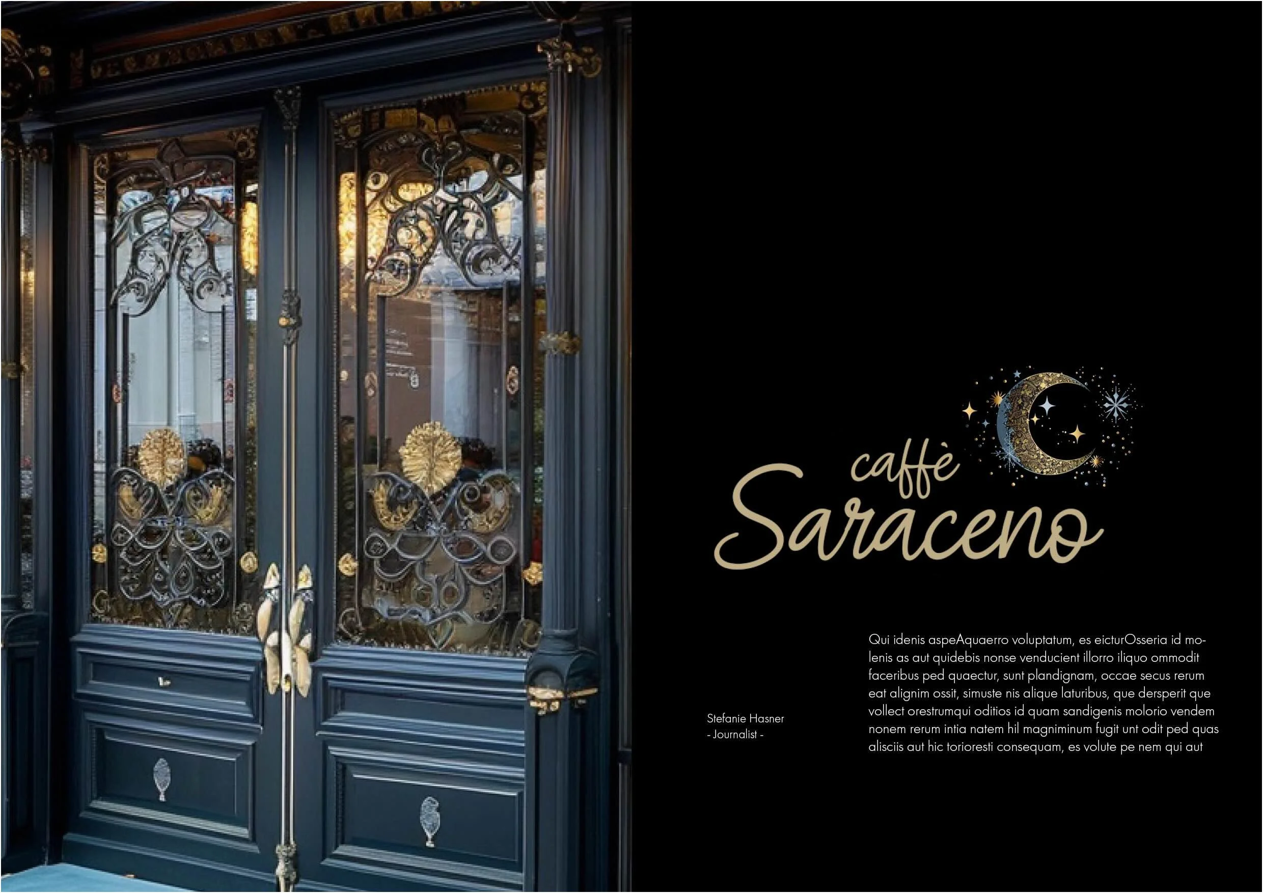 KI-generierte Magazin-Doppelseite mit goldverzierter Eingangstüre des Caffè Saraceno und Introtext in goldener Schrift, Konzept von imagespy.