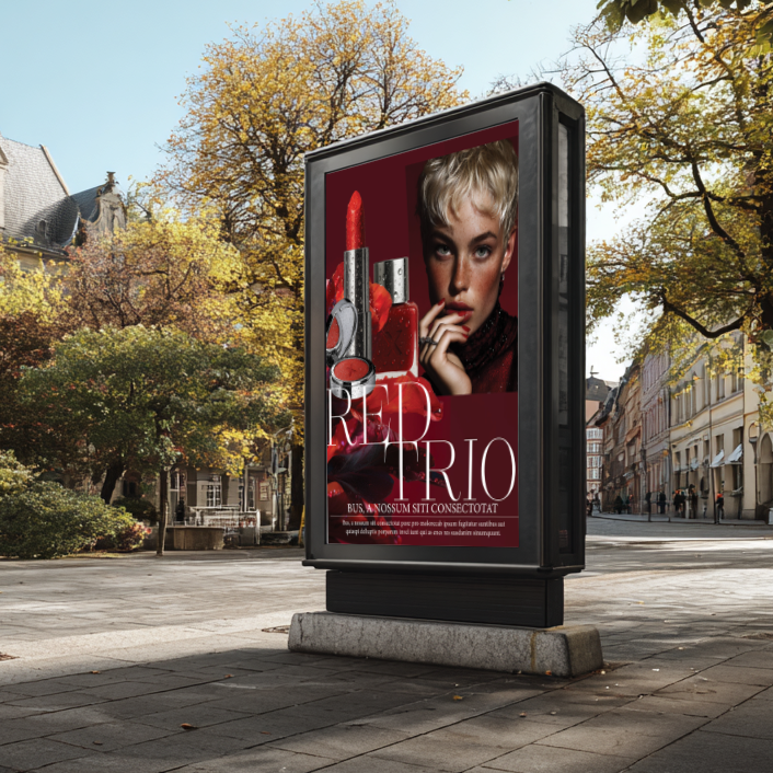 Ein digitales Werbedisplay in der Stadt zeigt die Red Trio Kampagne von imagespy: Erstellt mit dem KI-Tool Nani, kombiniert es Fashion-Portrait und Produkt-Design in Rot.