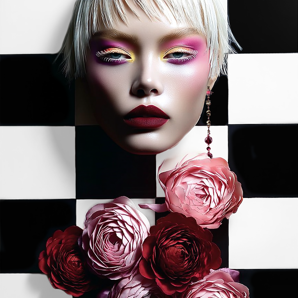 KI-generiertes Beauty-Portrait von imagespy mit dem Tool Nani: Avantgardistisches Make-up-Design vor schwarz-weißem Schachbrettmuster und floralen Akzenten.