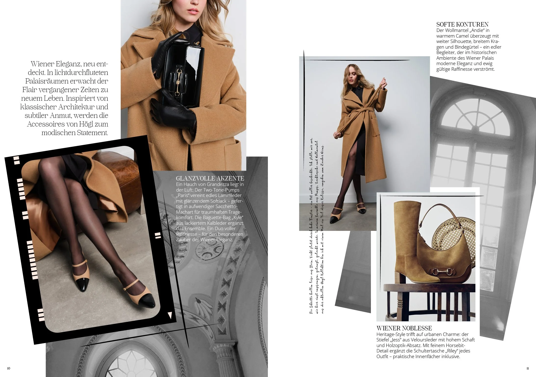 Model im Wollmantel „Andie“ mit Pumps „Paris“ und Tasche „Kyle“, Studioaufnahmen mit Stilllife und Wiener Architektur, F/W 2025 umgesetzt von imagespy.