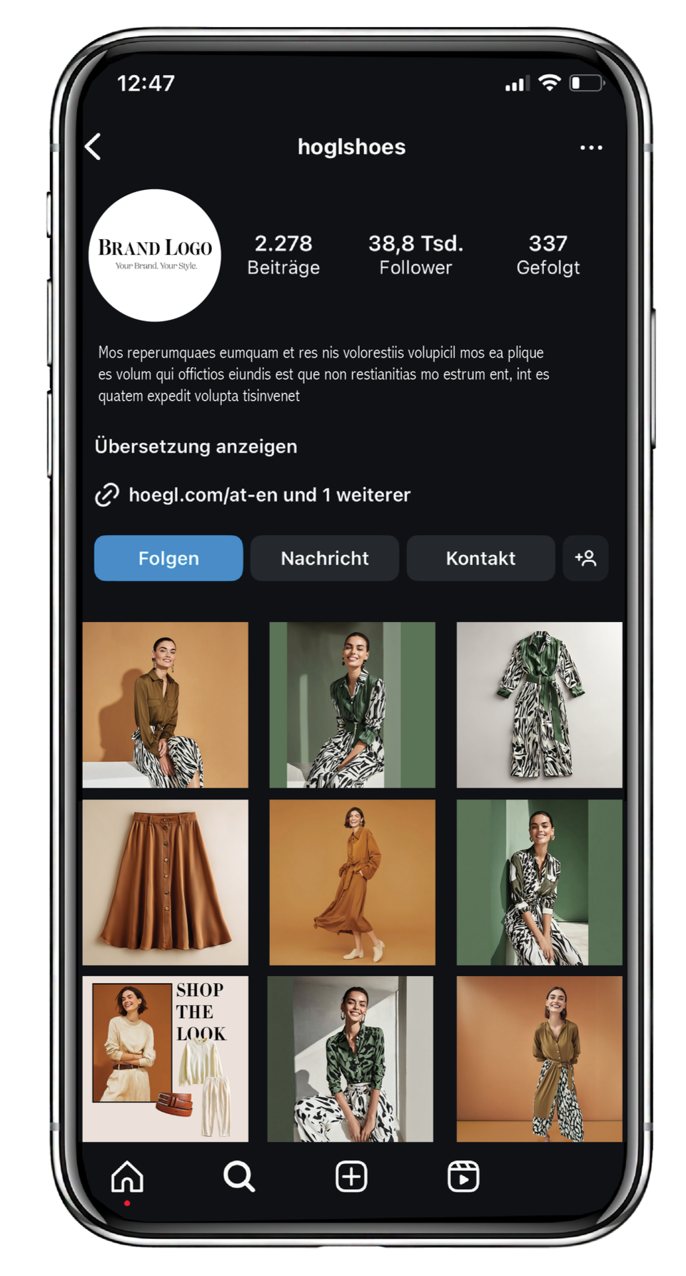 Smartphone-Display mit einem Instagram-Feed voller Fashion-Content, der effizient mit dem AI-Tool Nani von imagespy aus Product Shots generiert wurde.