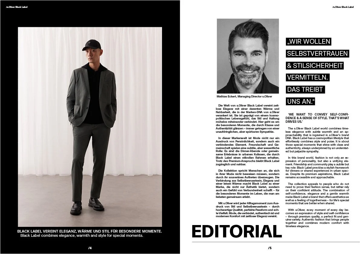 Doppelseite des s.Oliver Black Label Salesfolders mit Editorial, Porträt und Interview von Mathias Eckert; Layout umgesetzt von imagespy.