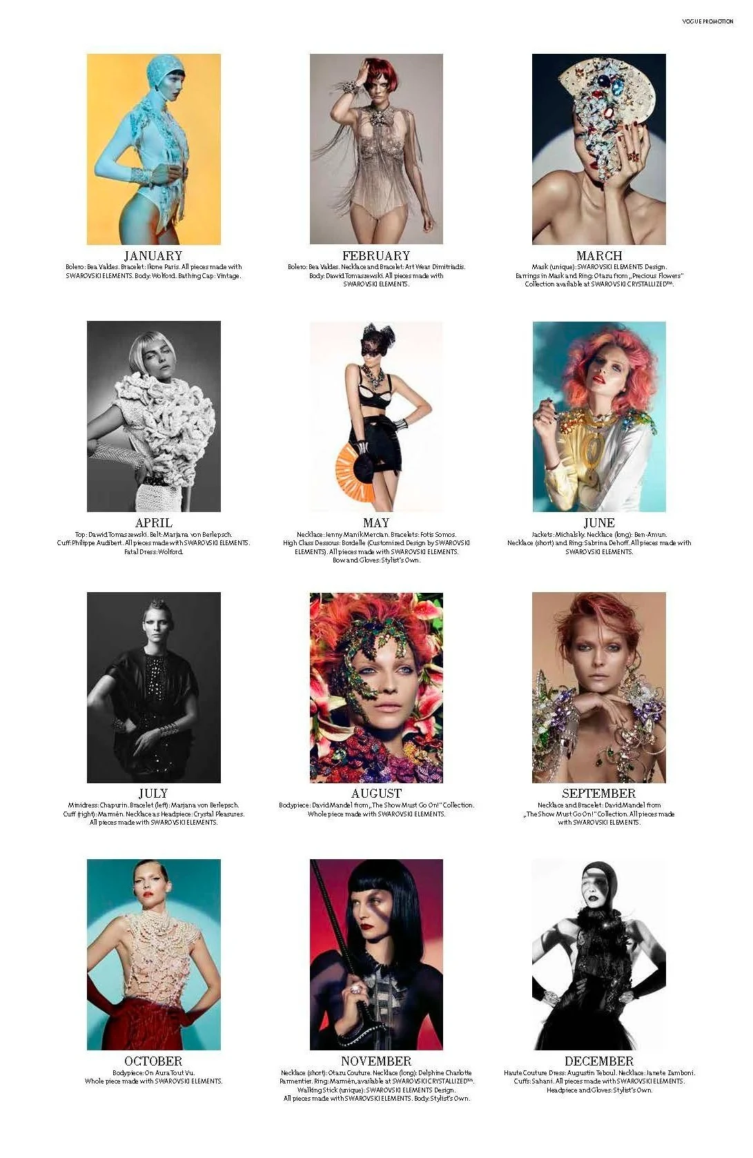 VOGUE Kalender 2013 Monatsübersicht mit Frauen in Swarovski Schmuck, gestaltet von imagespy für die Marke Swarovski.
