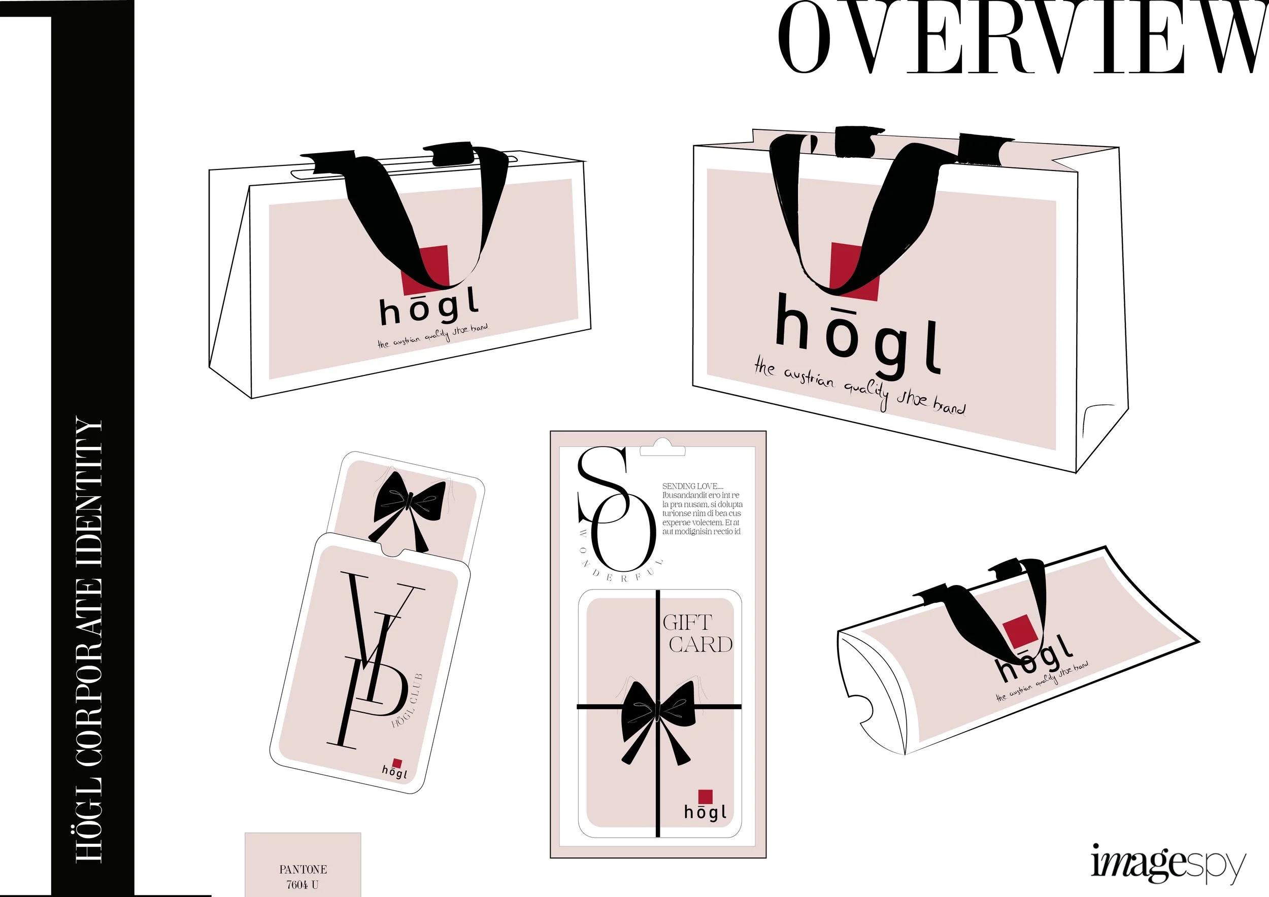 Overview-Chart der Marke Högl mit Entwürfen für Shopping Bag, Shoe Box, Club Card, Gift Card und Scarfbox sowie Schleifenillustrationen, entwickelt von imagespy.