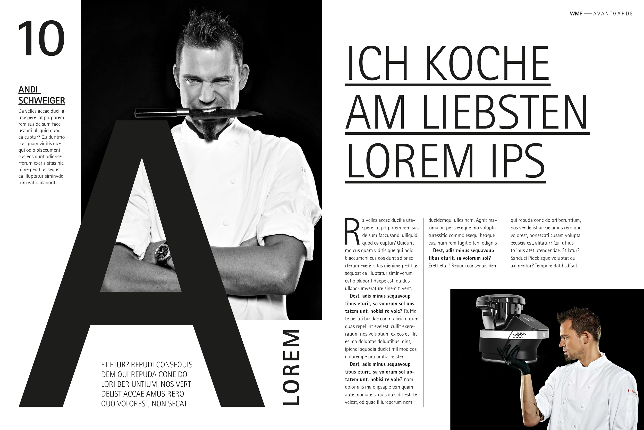 Magazin-Layout von imagespy für WMF Avantgarde: Porträt von einem Koch und redaktionelle Inszenierung des Cooking Processors als modernes Küchen-Werkzeug.