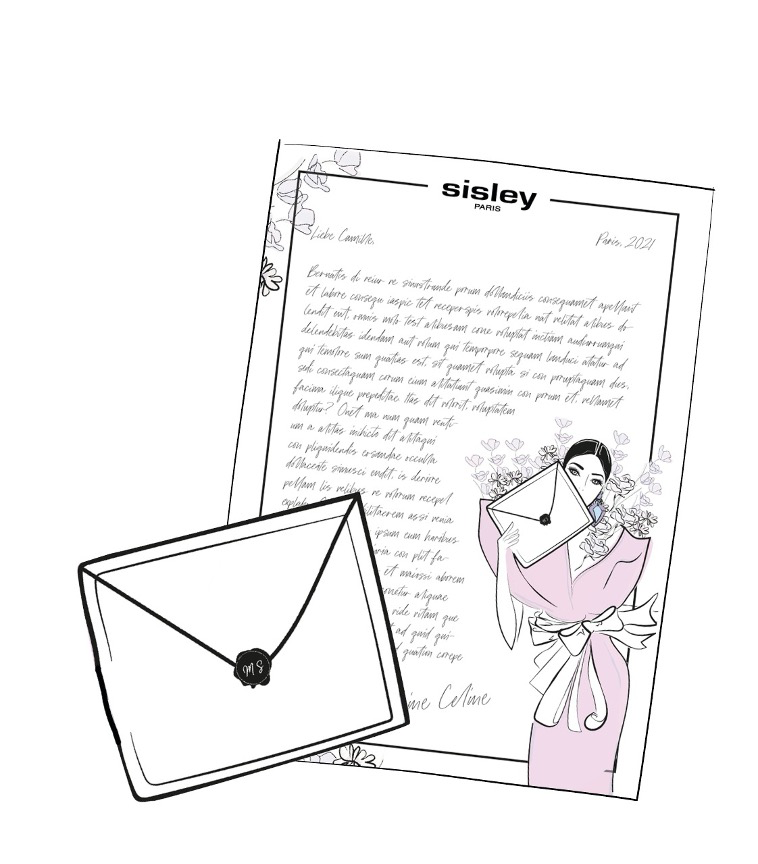 imagespy Design: Exklusives Layout für die Maison Sisley Loveletter-Aktion mit einer Illustration einer Frau und einem versiegelten Briefumschlag.