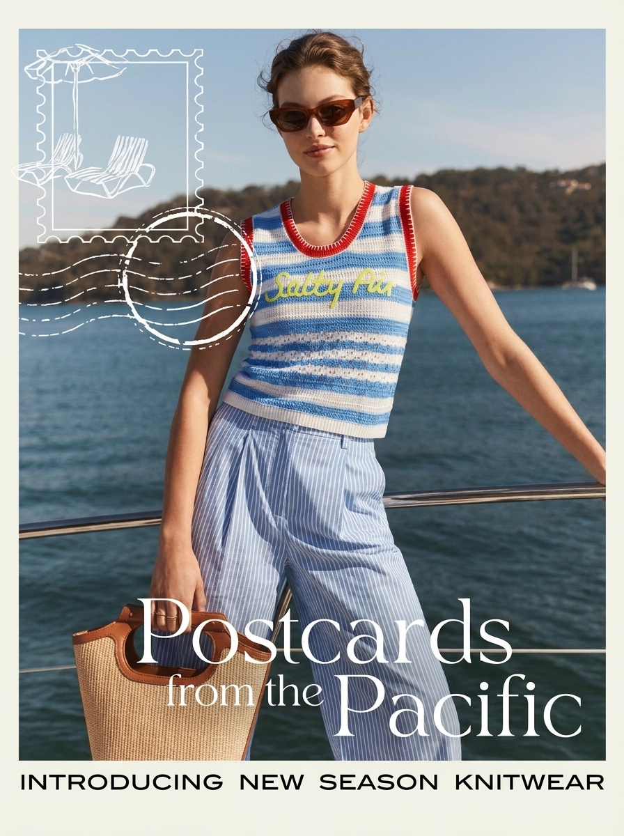 Von imagespy per KI erstelltes Editorial Print-Tool für Brand Storytelling: Gestaltete Postkarte mit der Aufschrift „Postcards from the Pacific“, Model in gestreiftem Stricktop und Sonnenbrille auf einem Boot als emotionaler Physischer Touchpoint