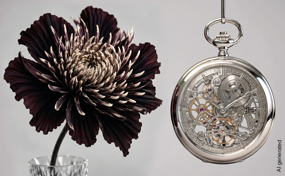 Eine große dunkle Blume in einem Glas vase neben einer silbernen Taschenuhr mit sichtbarem Uhrwerk.
