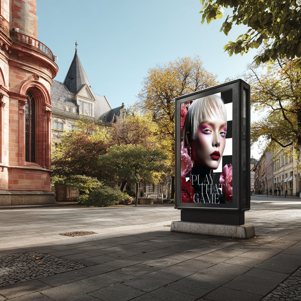 Ein digitales Werbedisplay in der Stadt zeigt ein mit dem KI-Tool Nani von imagespy erstelltes Beauty-Campaign-Motiv für die 360-Grad-Kampagne Play that Game.