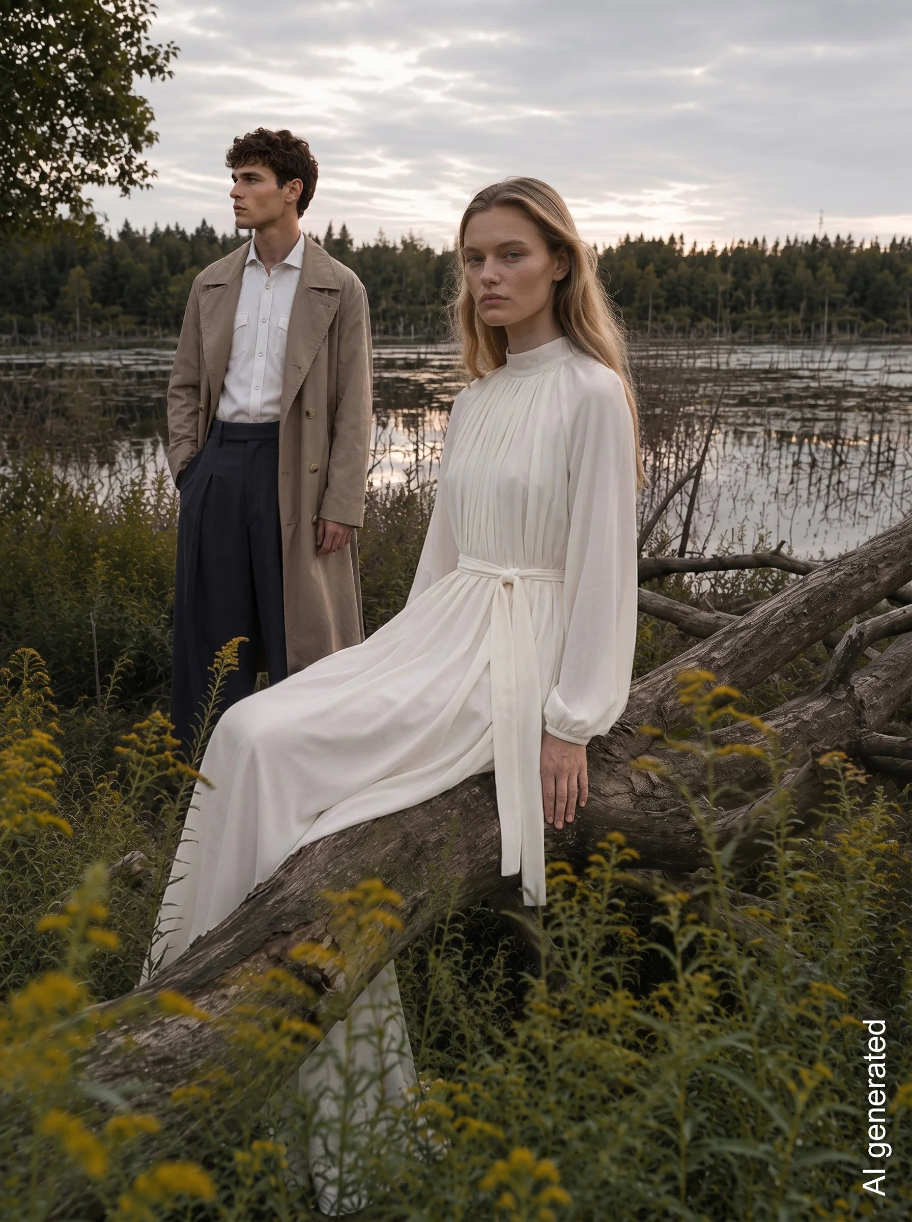 AI-generiertes Herbst-Editorial von imagespy: Model im cremeweißen Kleid auf Baumstamm, Mann im Trenchcoat am See