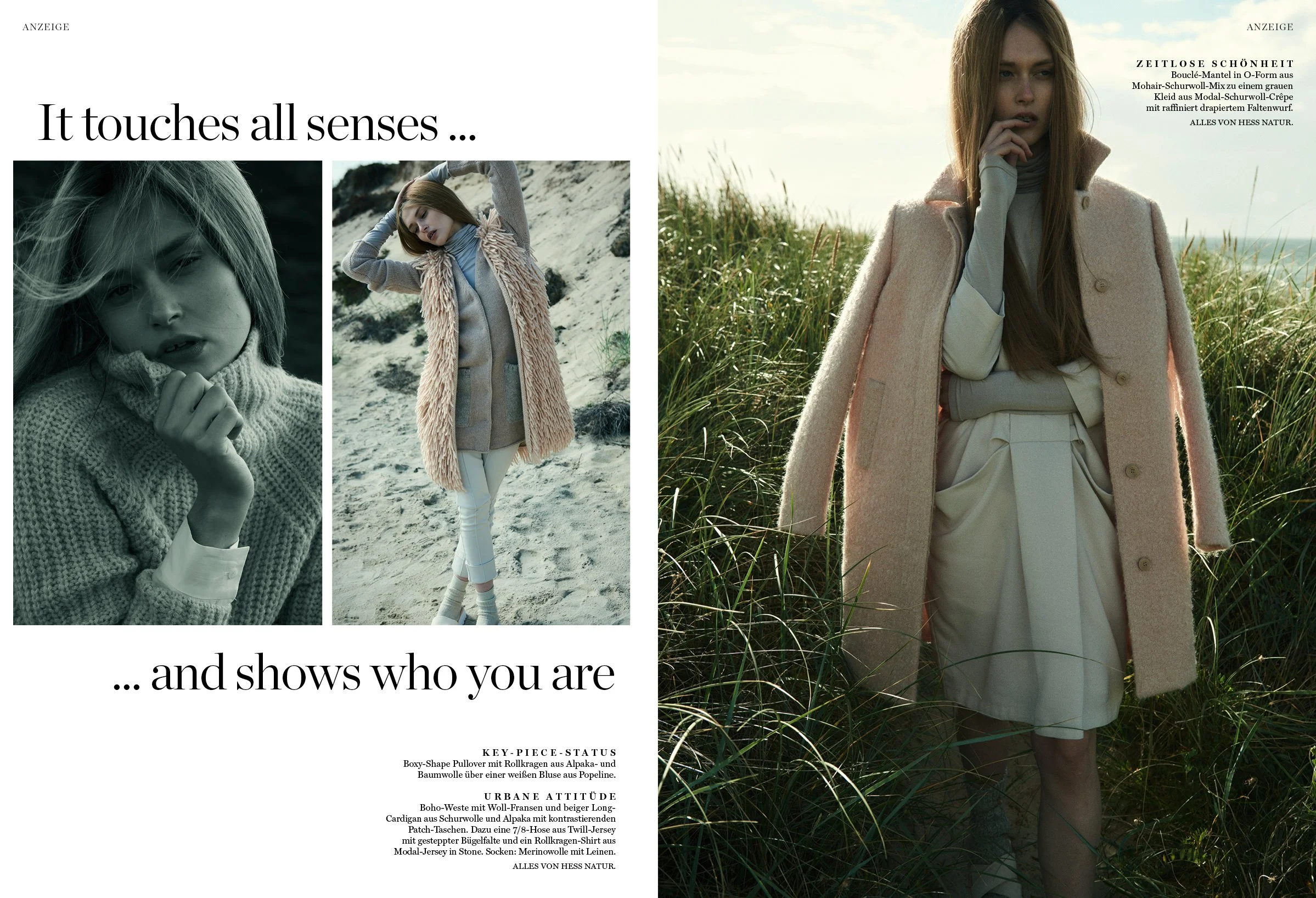 Doppelseite Hessnatur x ELLE: Models in pastellfarbenen Naturlooks vor Wiese und Strandkulisse, fotografiert im natürlichen Licht; umgesetzt von imagespy.
