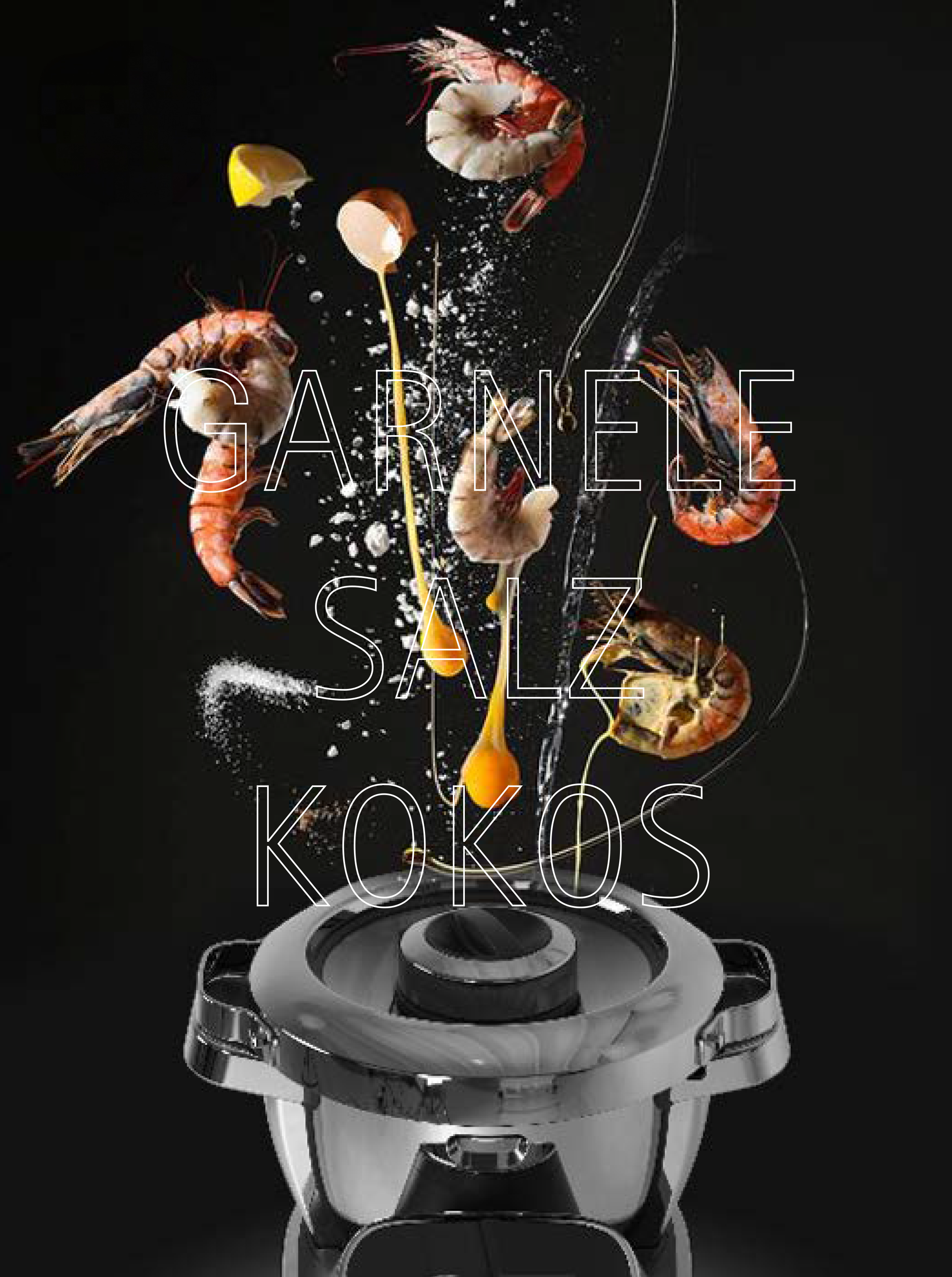 Modernes Magazin-Layout von imagespy für den WMF Avantgarde Cooking Processor mit einer dynamischen Food-Explosion aus Garnelen und Kokos auf schwarzem Grund