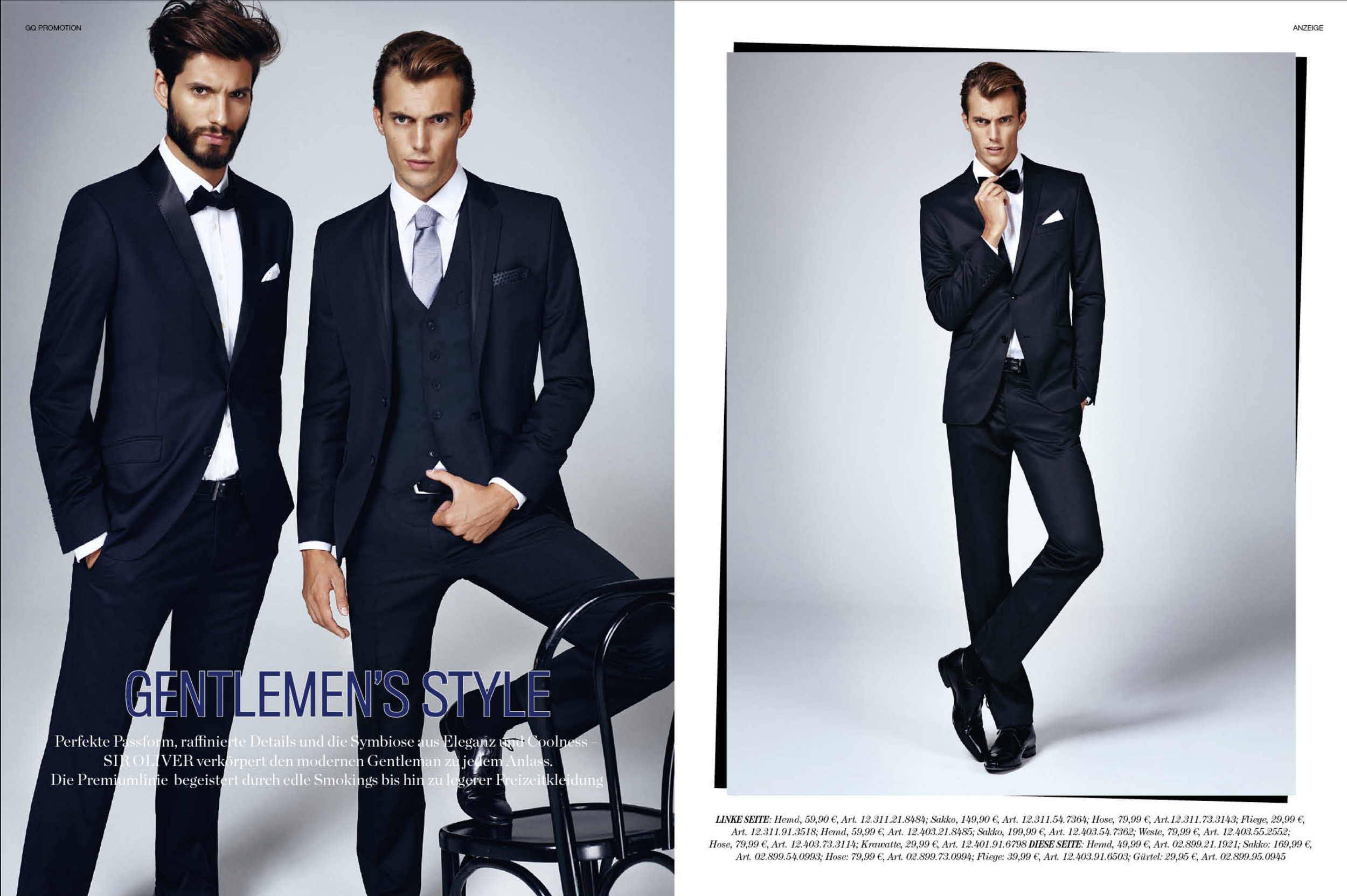 GQ Promotion by imagespy: Doppelseite „Gentlemen's Style“ mit zwei Male Models in dunkelblauen Anzügen, stilbewusste Studioaufnahme für SIR OLIVER.