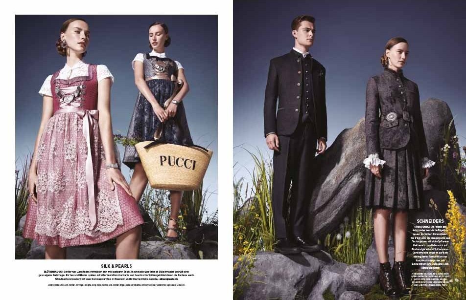 Doppelseite: Models in Tracht von SIlk & Pearls in blau und rosa, posieren auf großen Steinen, eine trägt Strohtasche; Couple in dunkler Tracht von Schneiders vor Stein-Wiesenlandschaft, Trachteninszenierung von imagespy für Vogue und Lodenfrey.