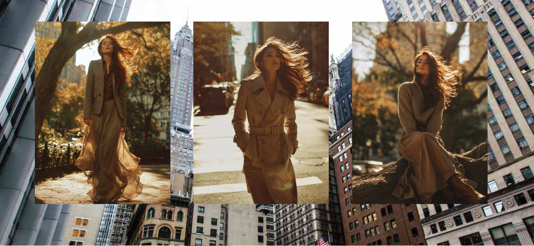 Drei Fashion-Motive nebeneinander: Herbstliche Business-Looks mit Blazer, Trenchcoat und Strick in New York. KI-generierte City-Serie von imagespy und Nani.