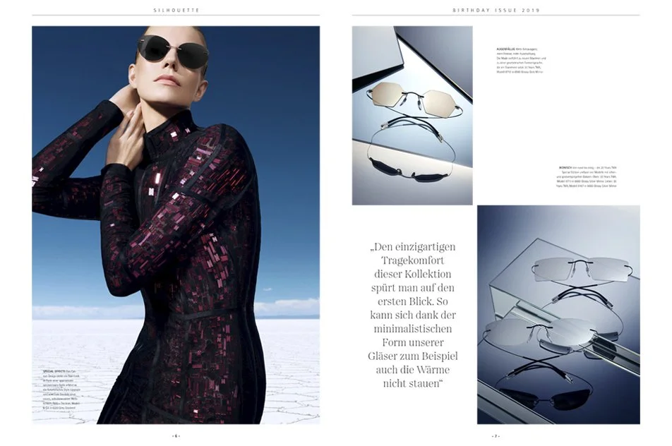 Seite 6/7 der Silhouette TMA 20 Jahre Ausgabe 2019 mit Frau in Sonnenbrille und Brillen-Stilllives, umgesetzt von imagespy.